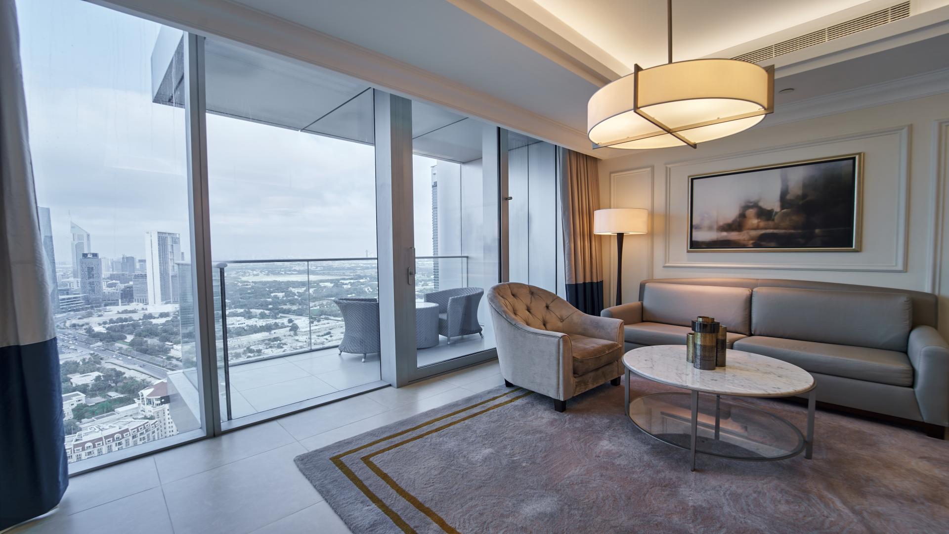 Balcony view of DIFC skyline from luxury apartment in The Address The BLVD, Downtown Dubai