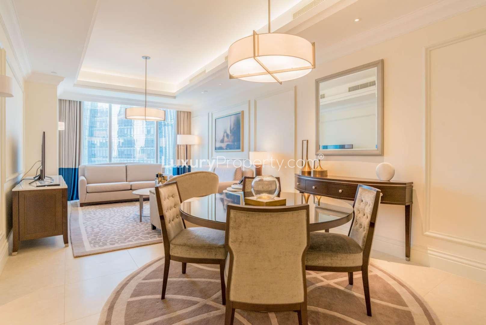 Luxurious marble bathroom in Downtown Dubai apartment, featuring modern fixtures and elegant design