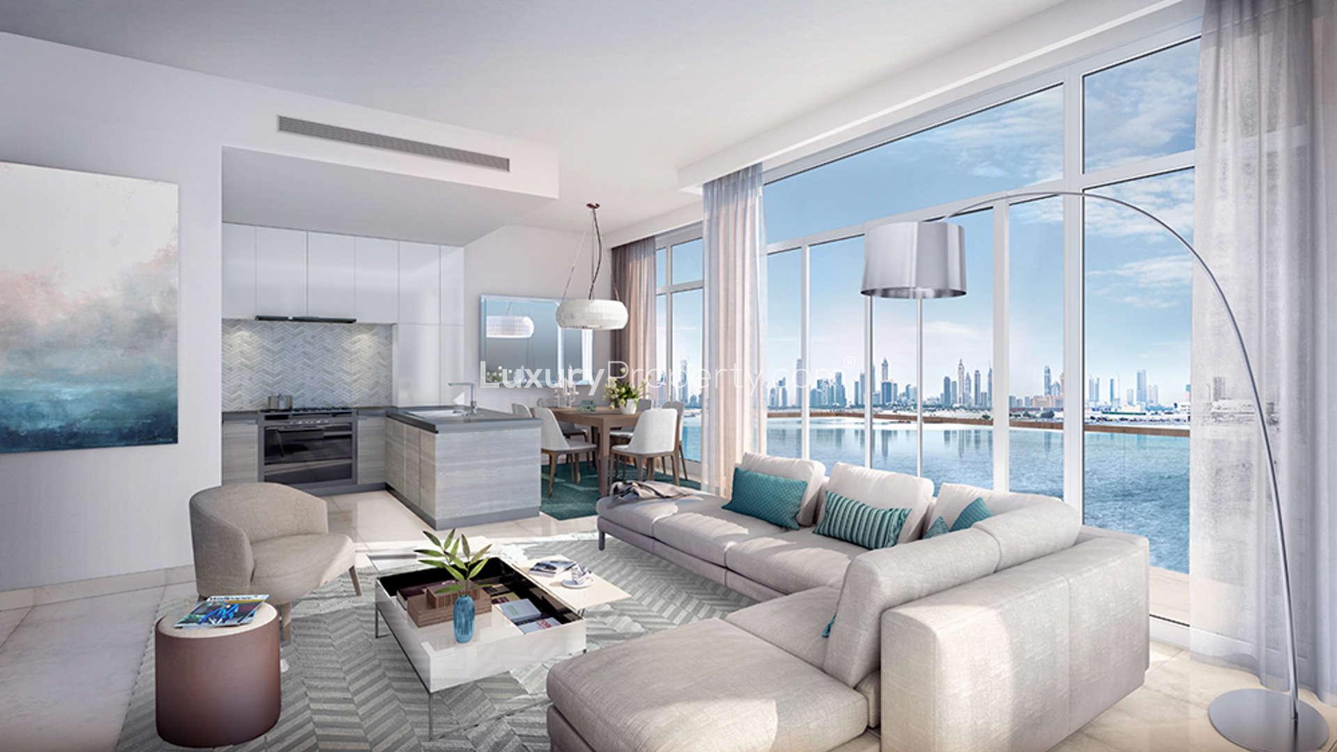Luxurious waterfront apartment living room at The Cove, Dubai Creek Harbour with stunning views