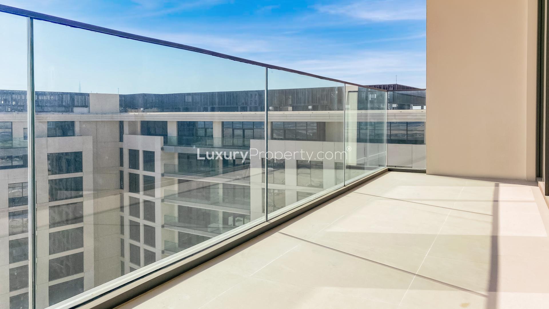 Modern living room with large windows and sea view in The Cove, Dubai Creek Harbour