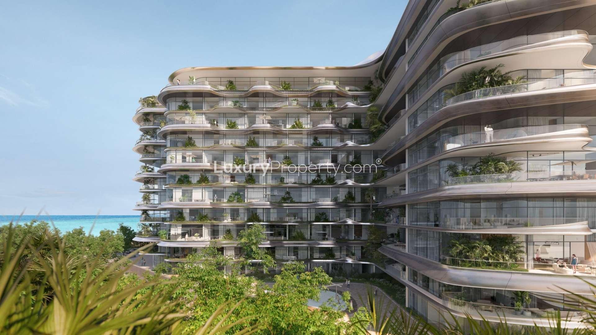 Luxury apartment terrace with pool and panoramic city views, SLS Residences The Palm, Dubai