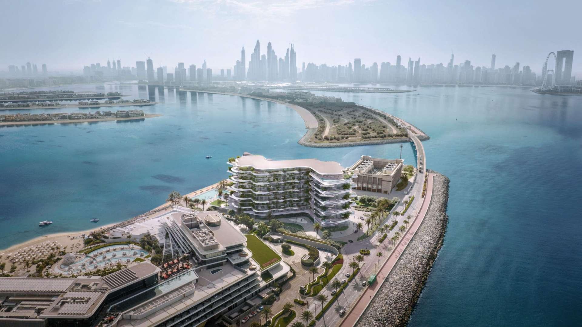 Luxury apartment exterior at SLS Residences, Palm Jumeirah, with ocean views and modern design