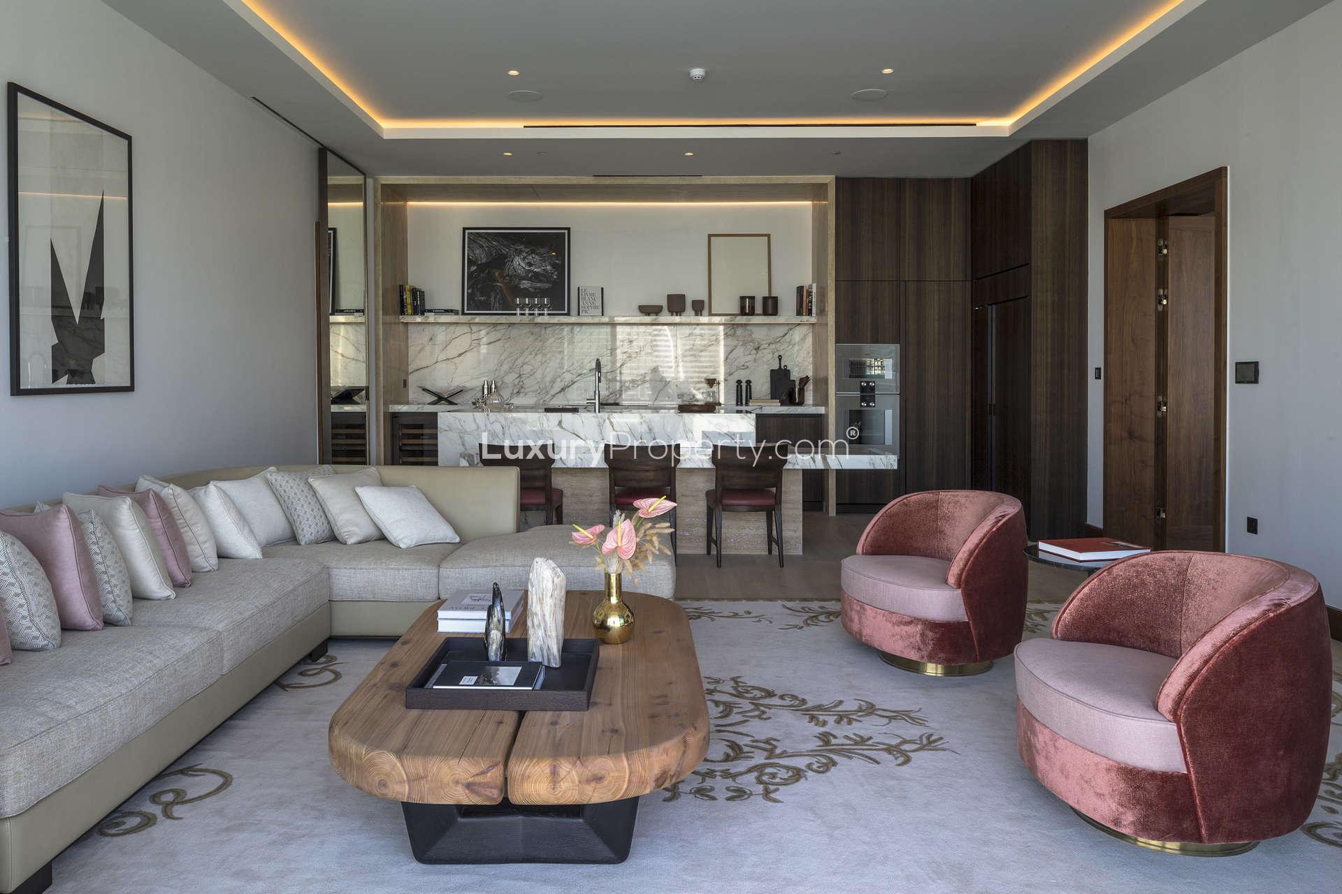 Luxurious living room in two-bedroom apartment, Dorchester Collection Dubai, Business Bay
