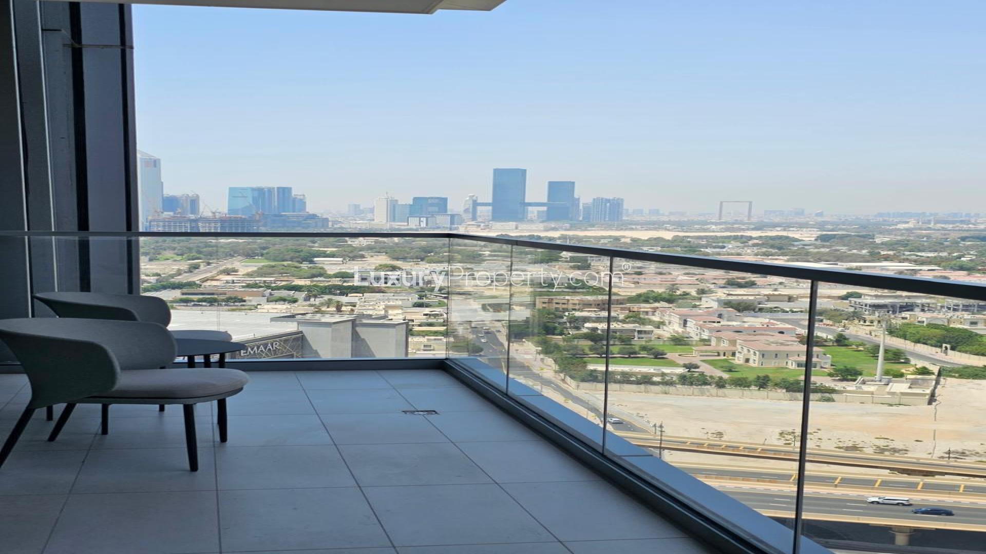 Modern living room in Vida Residences Dubai Mall apartment, Downtown Dubai, with stylish decor