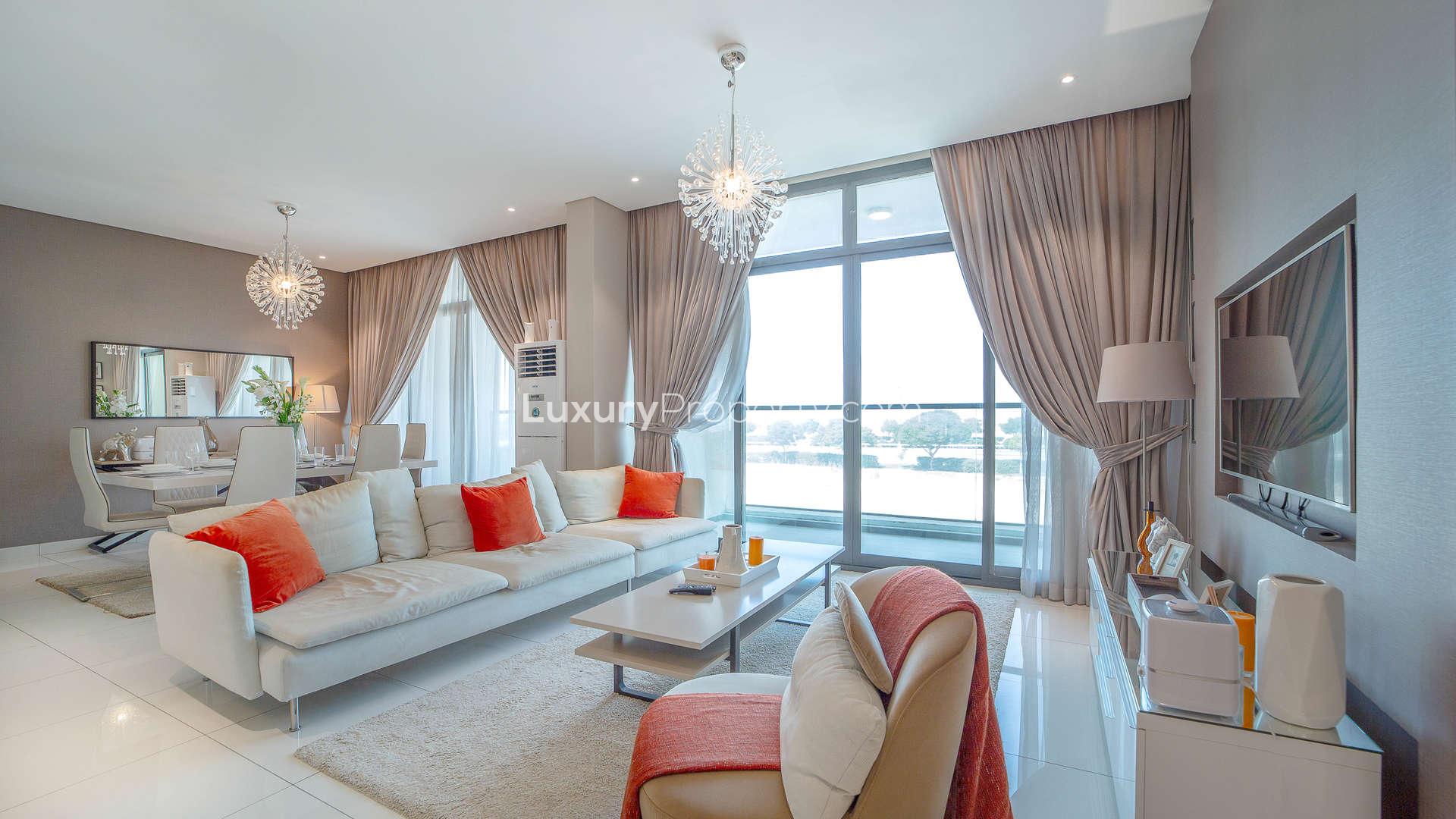 Luxurious living room in Meydan Avenue apartment with modern decor and large windows