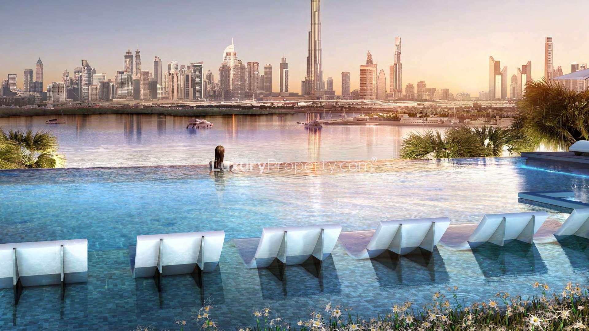 Luxurious waterfront view from The Grand apartment in Dubai Creek Harbour