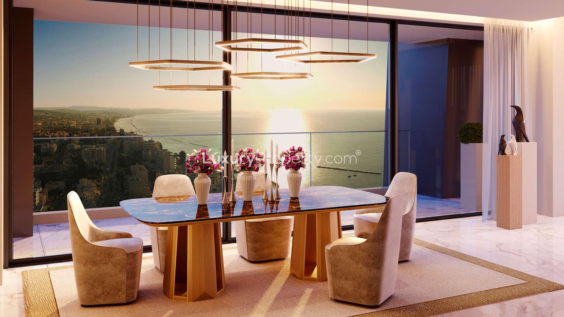 Luxurious lobby of The Icon apartment building in Limassol, Cyprus, featuring modern decor