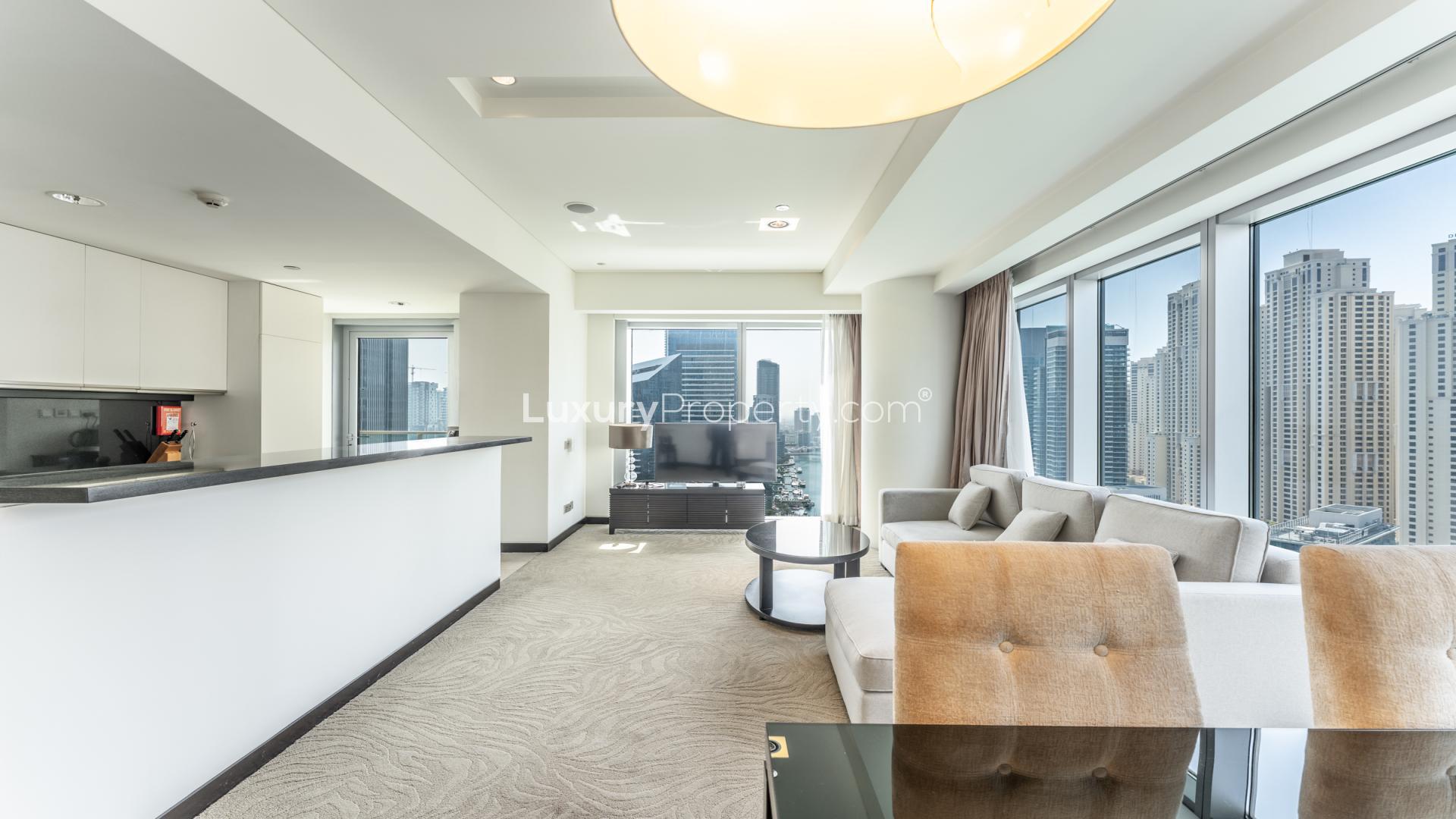 High-floor apartment living room with Marina views, corner unit at The Address Dubai Marina