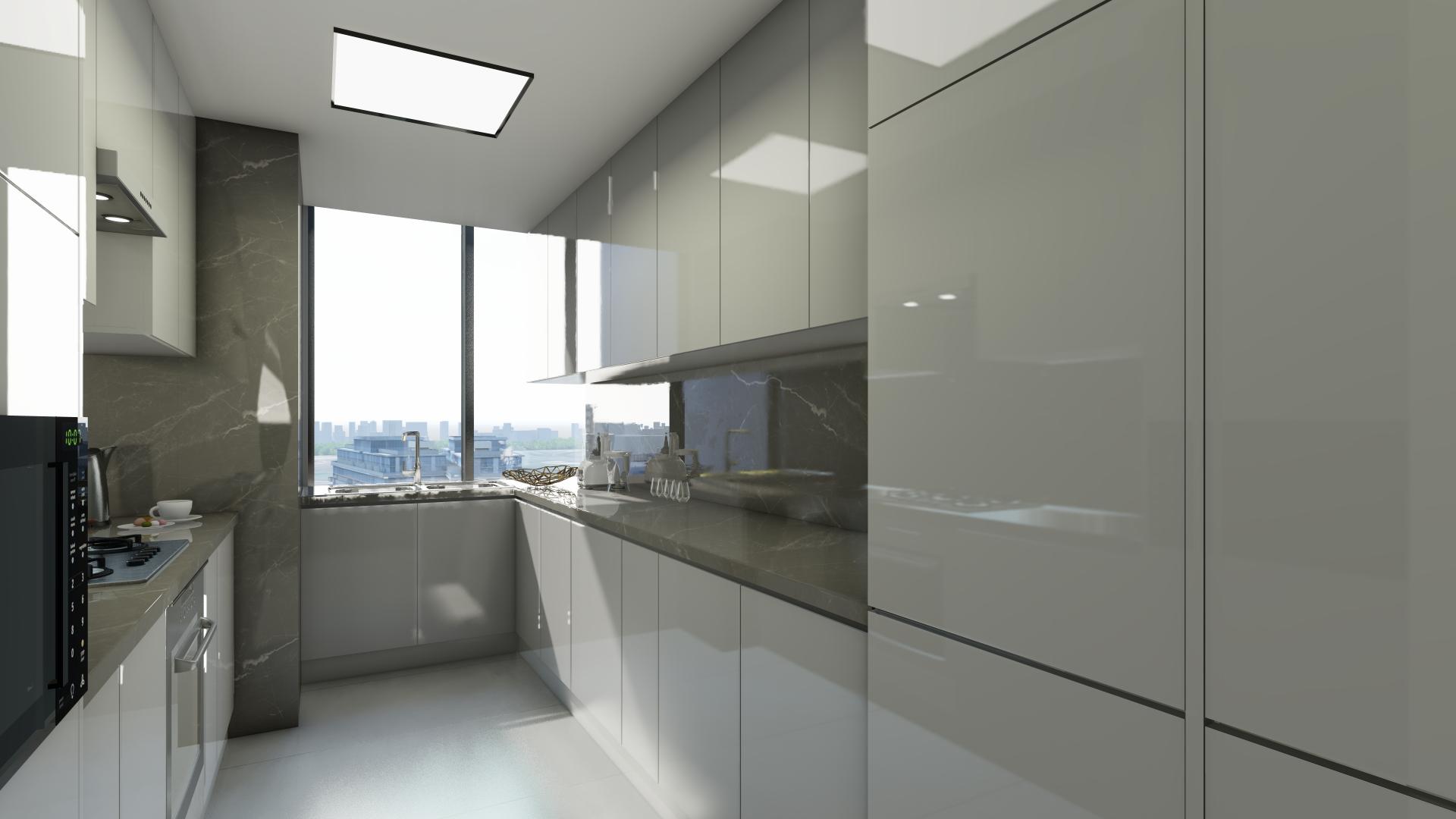 Modern living room with gray sofa, art, and dining area in Paragon, Business Bay apartment