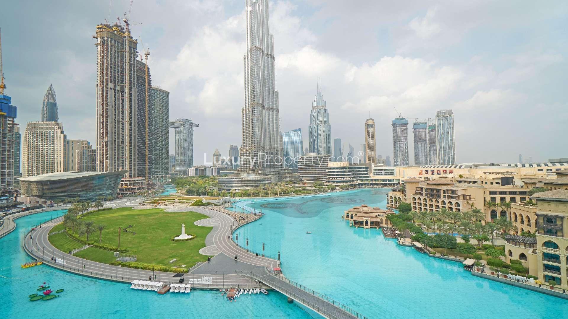 "Spacious Downtown Dubai apartment with Burj Khalifa and fountain view, modern interior, natural light.",Burj Khalifa and fountain view from spacious Downtown Dubai apartment for sale, The Residences