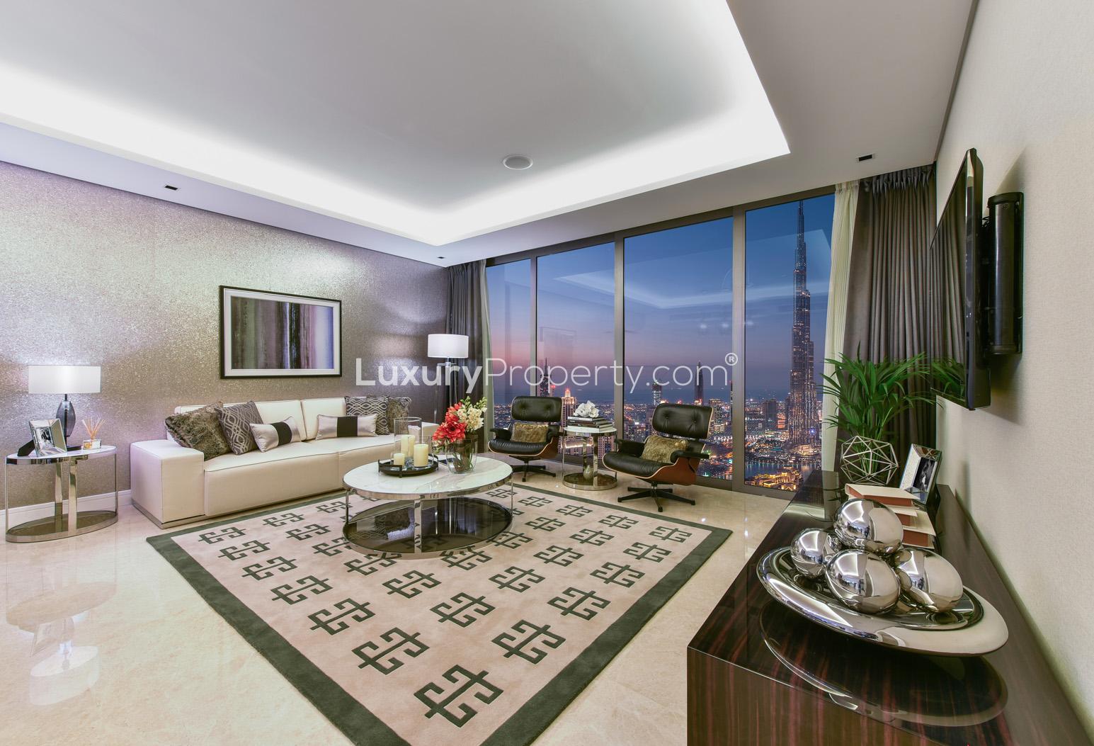 Bedside table with lamp and decor in The Sterling, Business Bay apartment