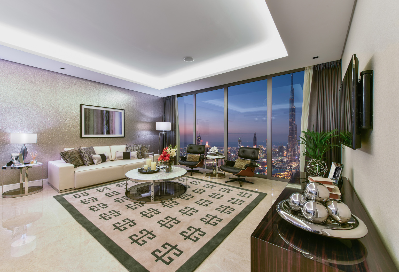 Bedside table with lamp and decor in The Sterling, Business Bay apartment
