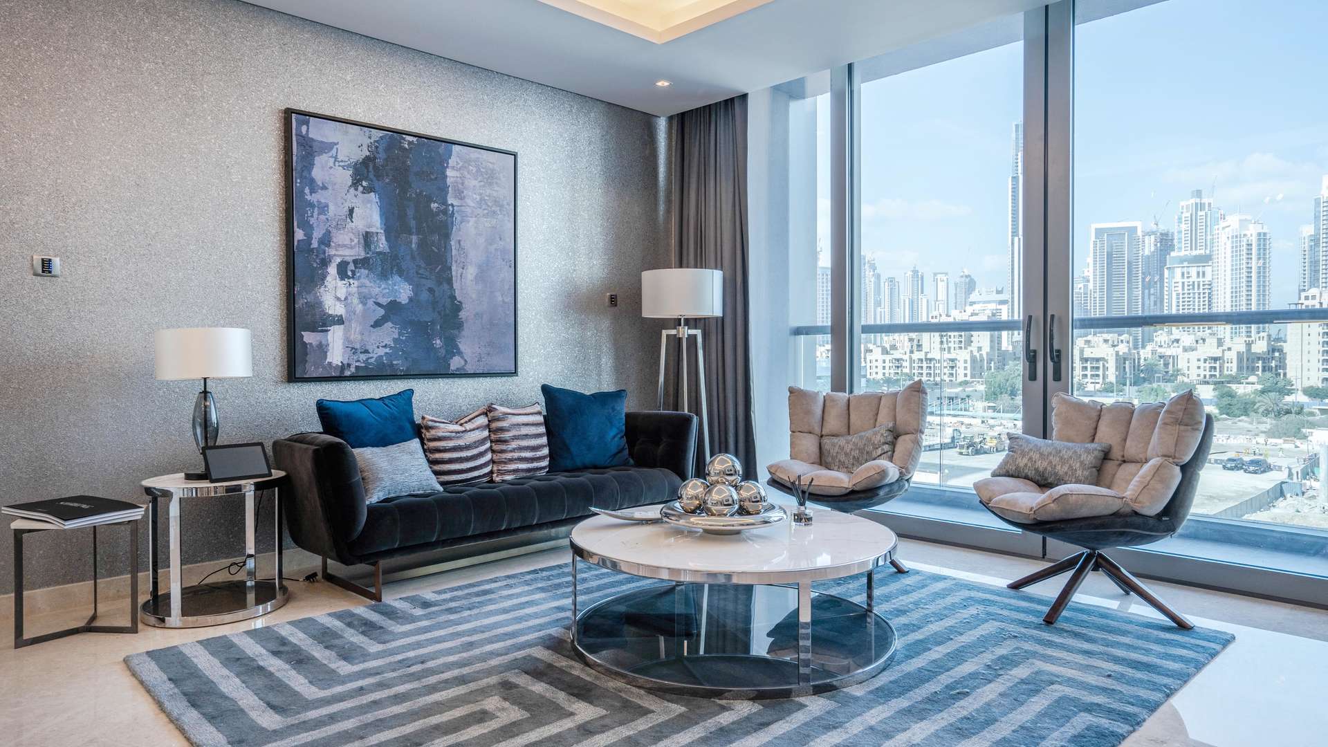 Modern living and dining area in upgraded two-bedroom apartment, The Sterling, Business Bay, Dubai