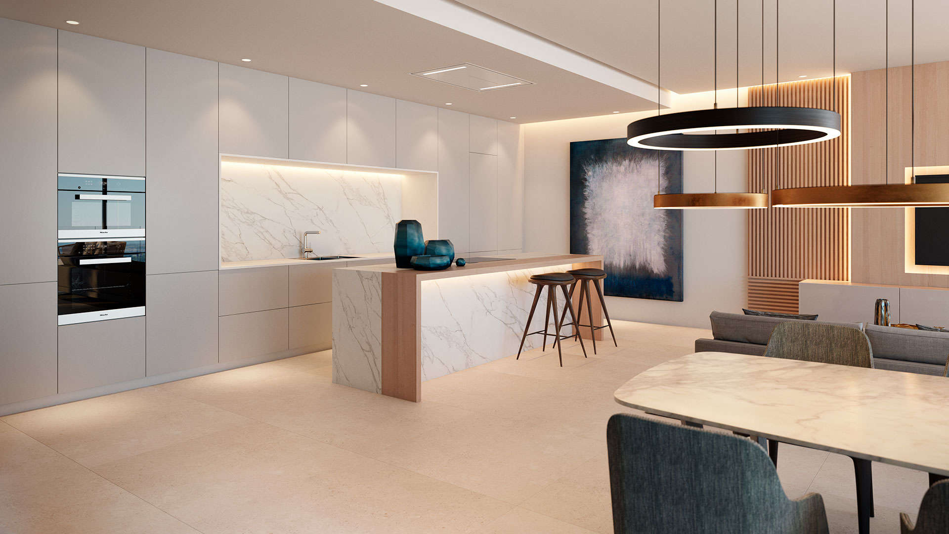 Modern open-plan living area in Marbella apartment with stylish decor and natural light