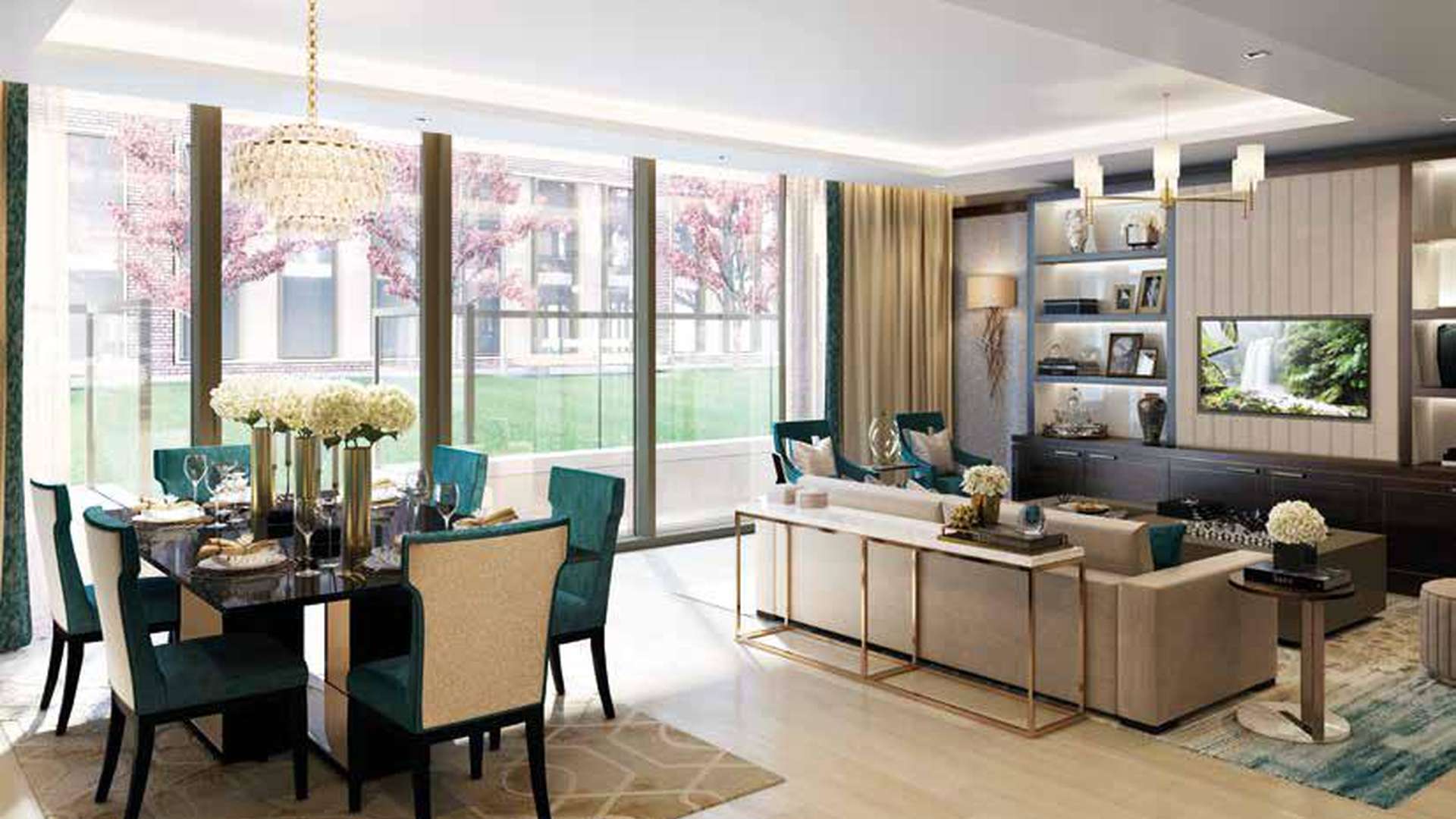 Luxurious interior of contemporary apartment in Kensington Row with elegant decor and lighting