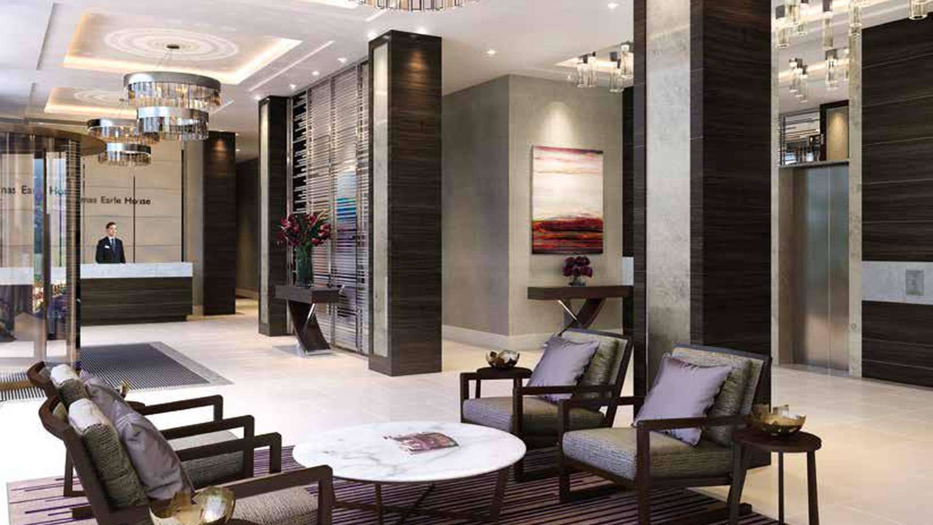 Luxurious bedroom in Thomas Earle House apartment, Kensington, showcasing modern decor and balcony view