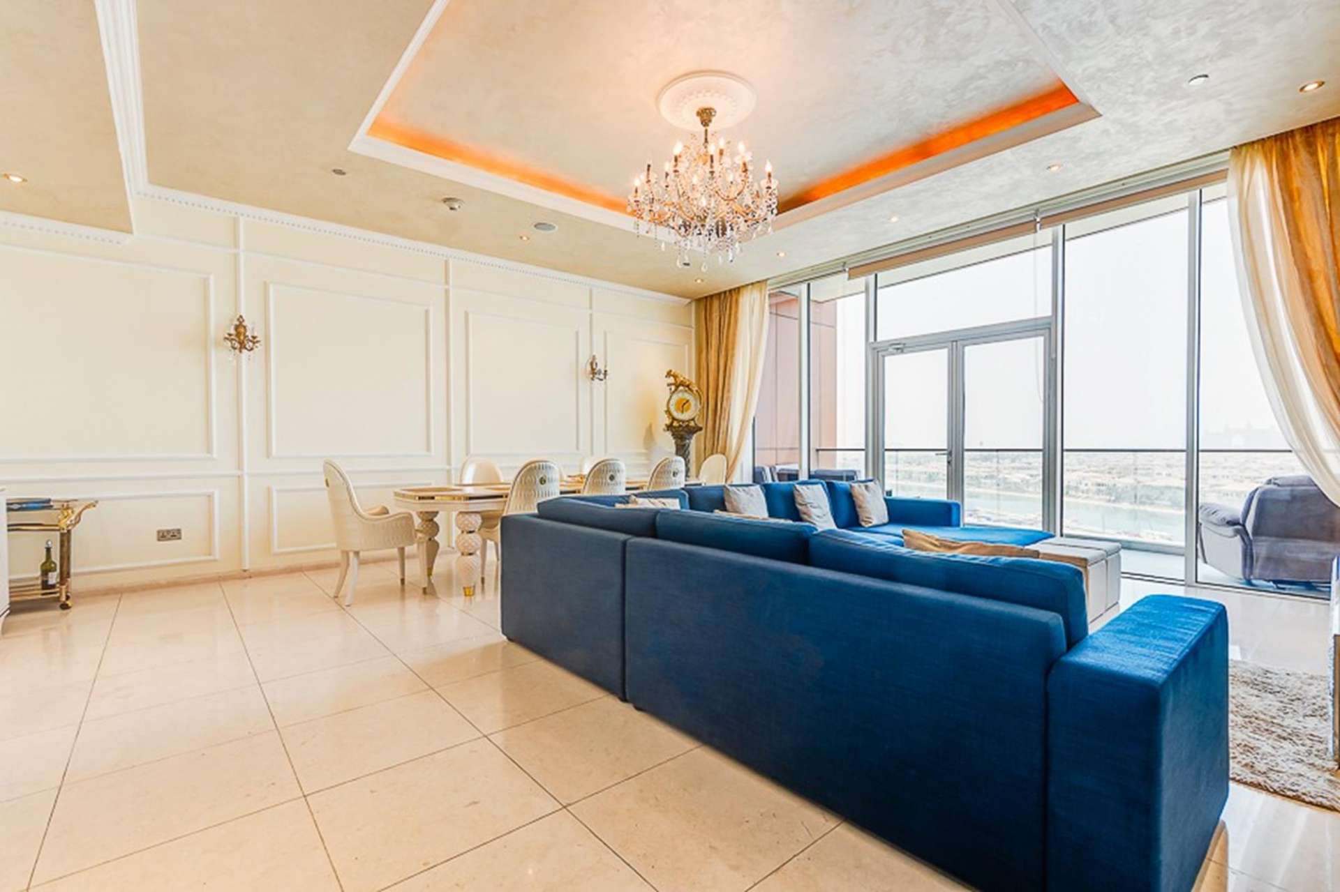 Luxurious living room in Tiara Residences apartment with sea views, Palm Jumeirah