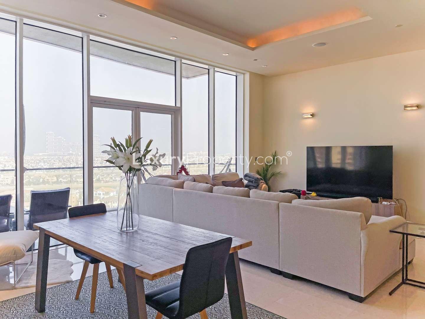 Elegant living room with sea view in Tiara Residences, Palm Jumeirah apartment for sale