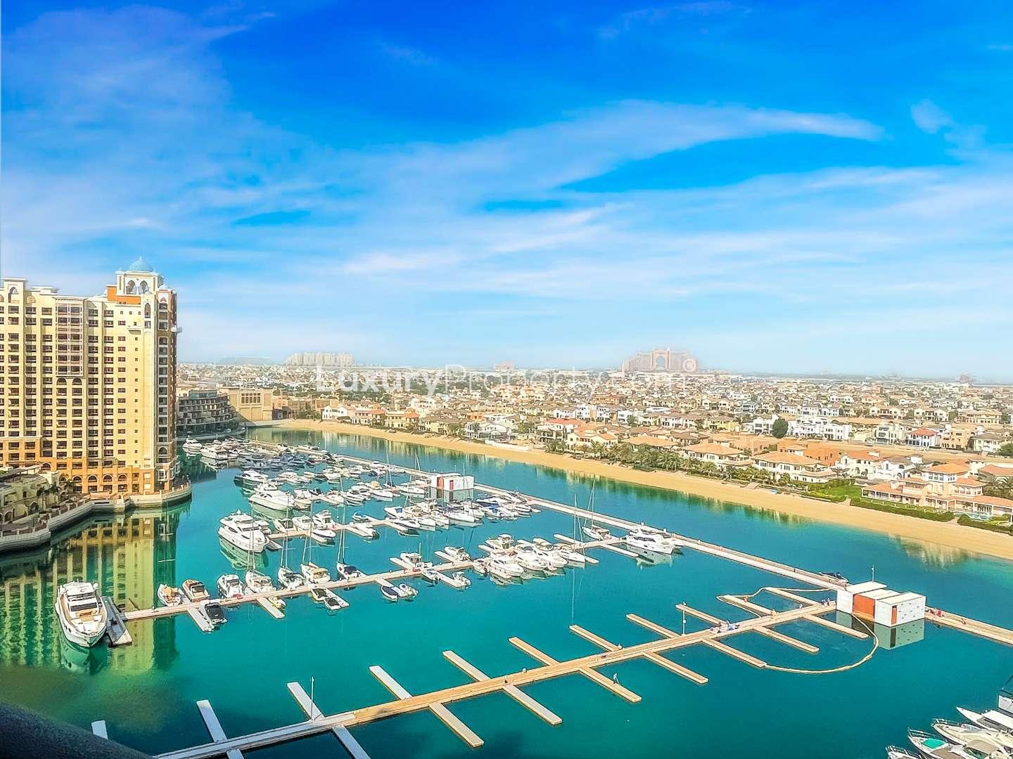 Aerial view of marina and luxury apartments, Tiara Residences, Palm Jumeirah, Dubai
