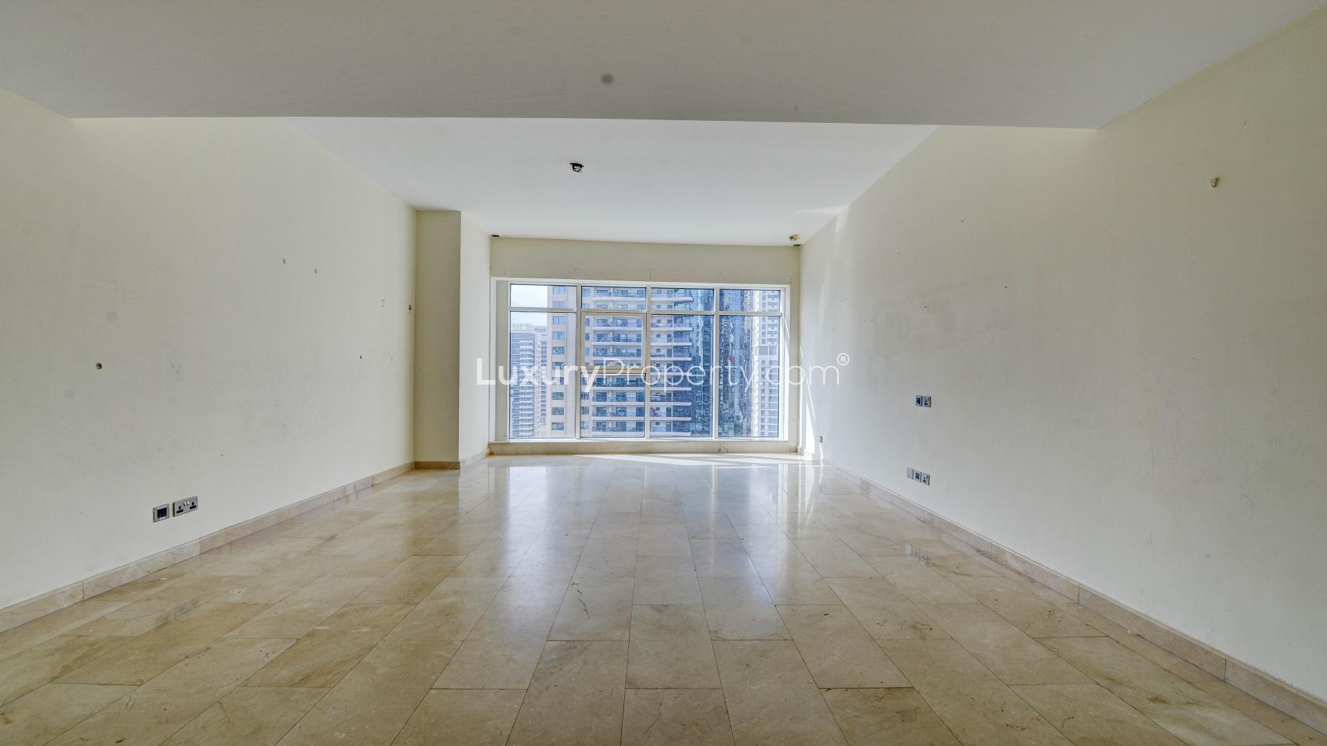 Dubai Marina skyline view from Trident Bayside apartment with pool in foreground