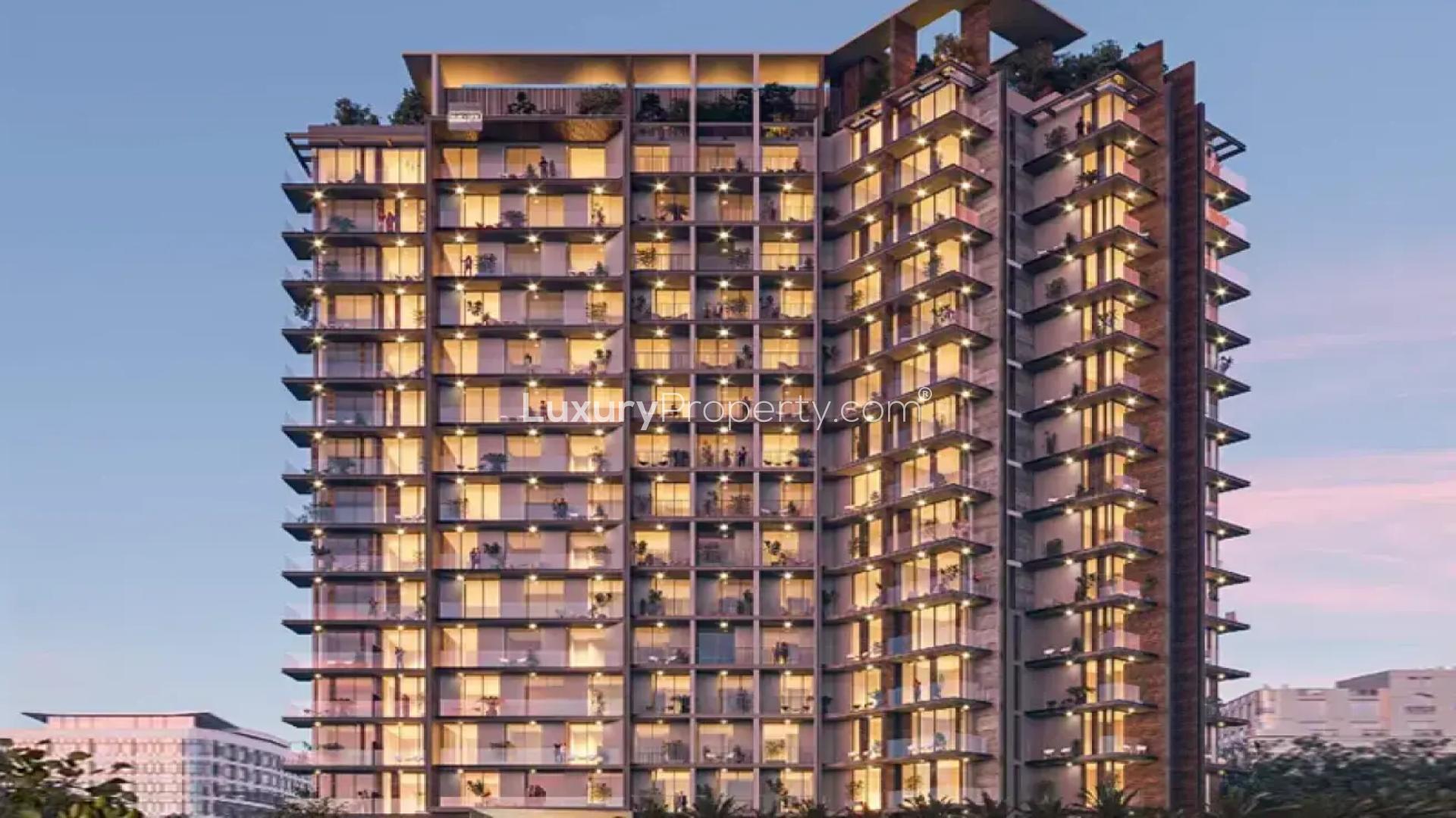 Stylish living room in Elevate by Prescott, Arjan apartment with modern furnishings and large windows