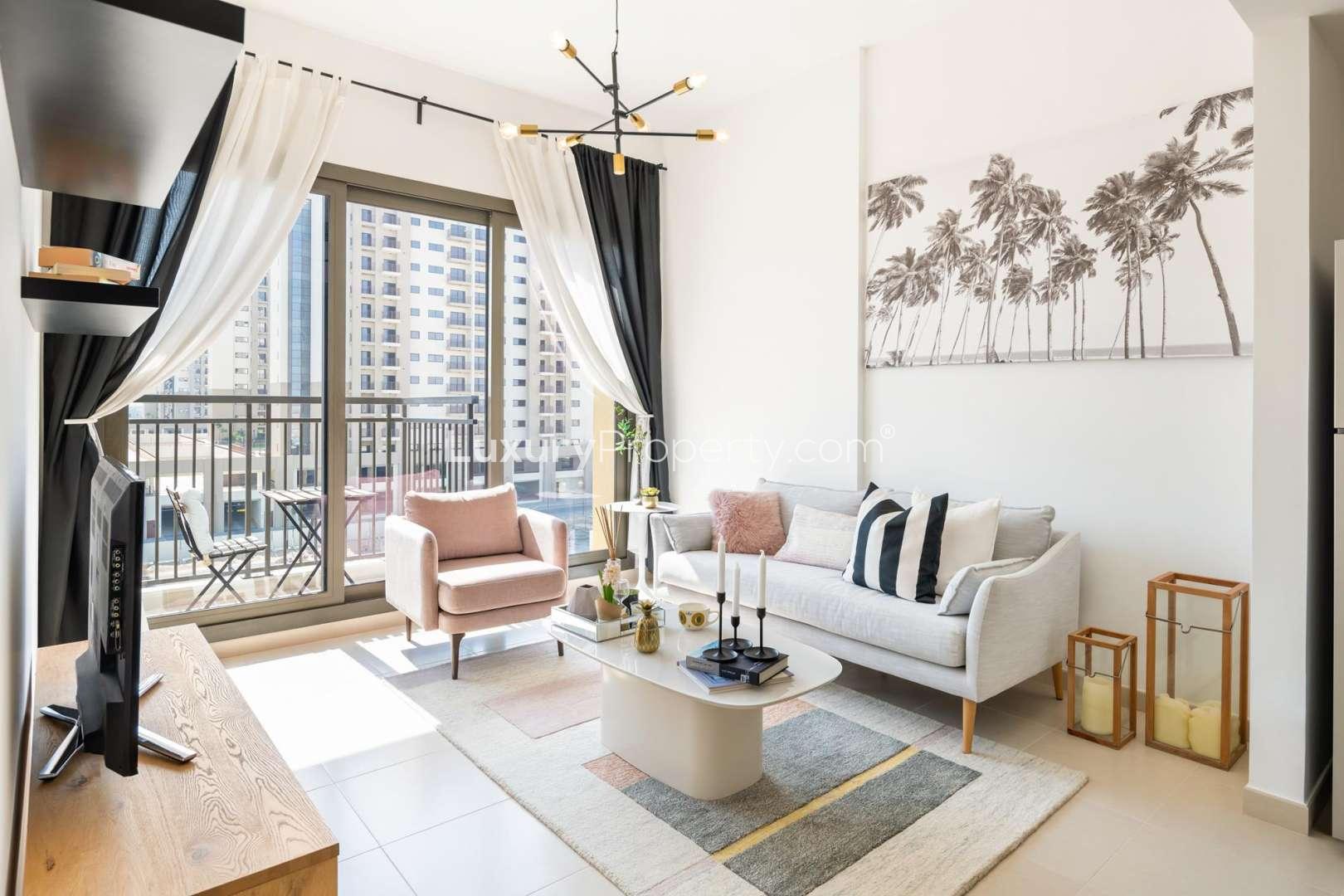Charming living room in 1-bedroom apartment, UNA Apartments, Dubai Town Square, bright decor