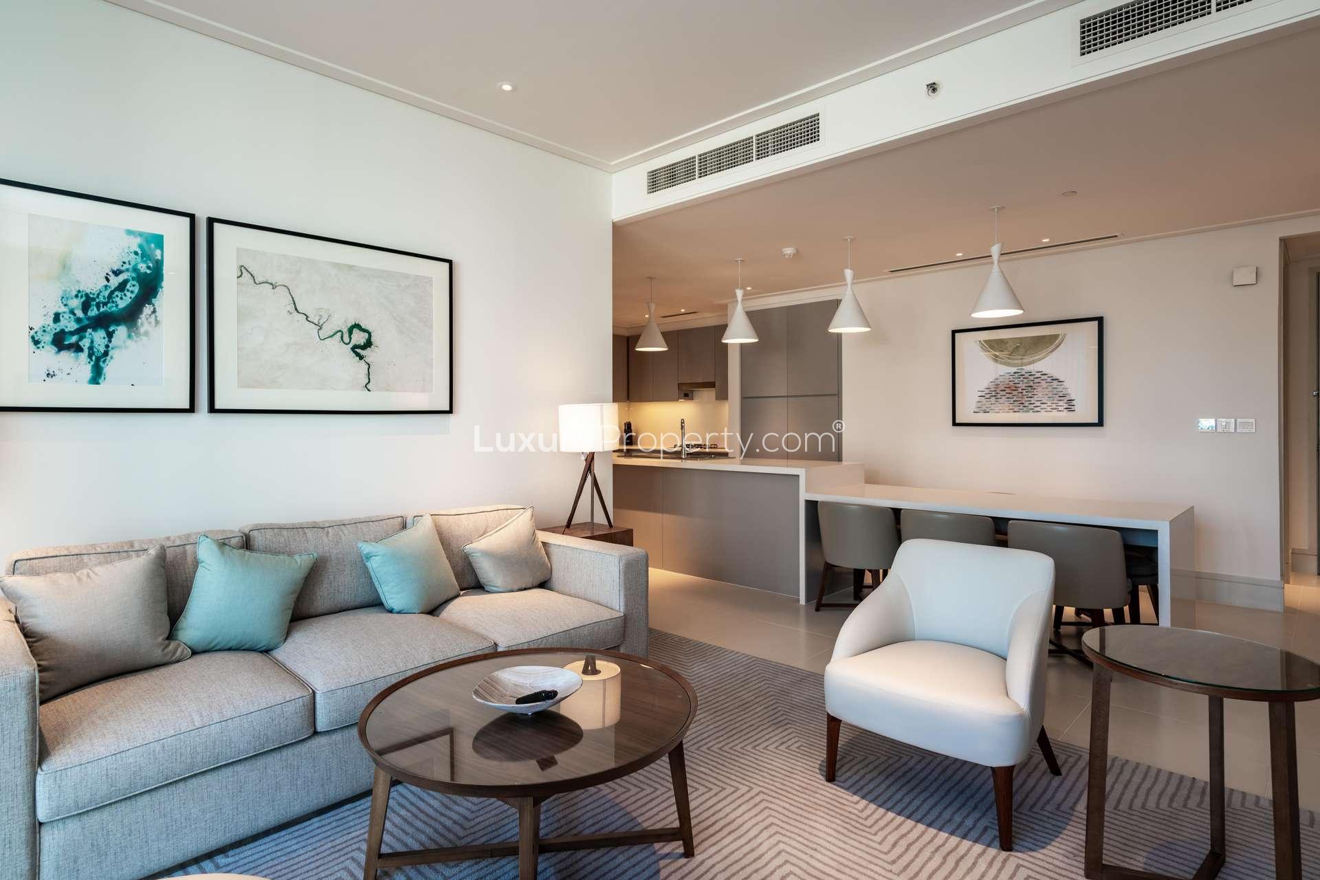 Living room in 2-bedroom apartment, Vida Residences Downtown Dubai, with city view balcony