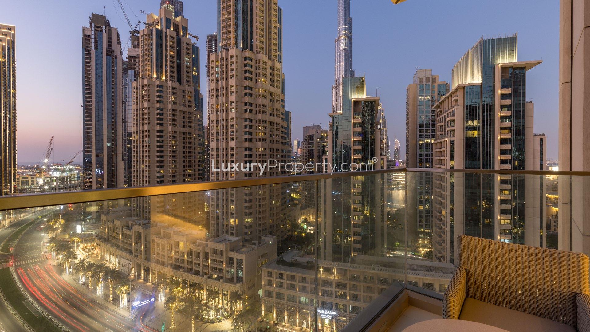 Luxurious furnished apartment living room in Vida Residence Downtown Dubai, modern decor and lighting