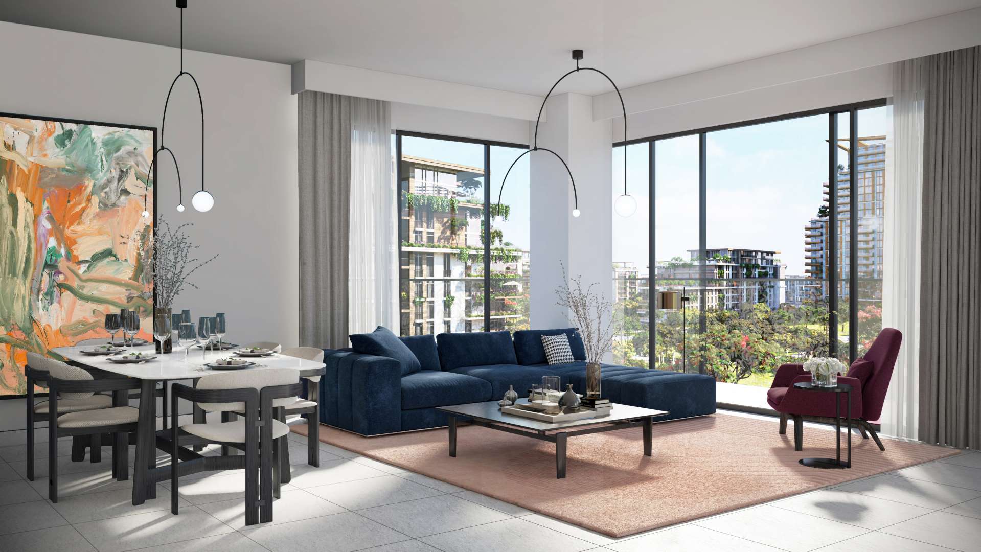Luxurious living room in Viridian apartment, City Walk, with modern decor and large windows
