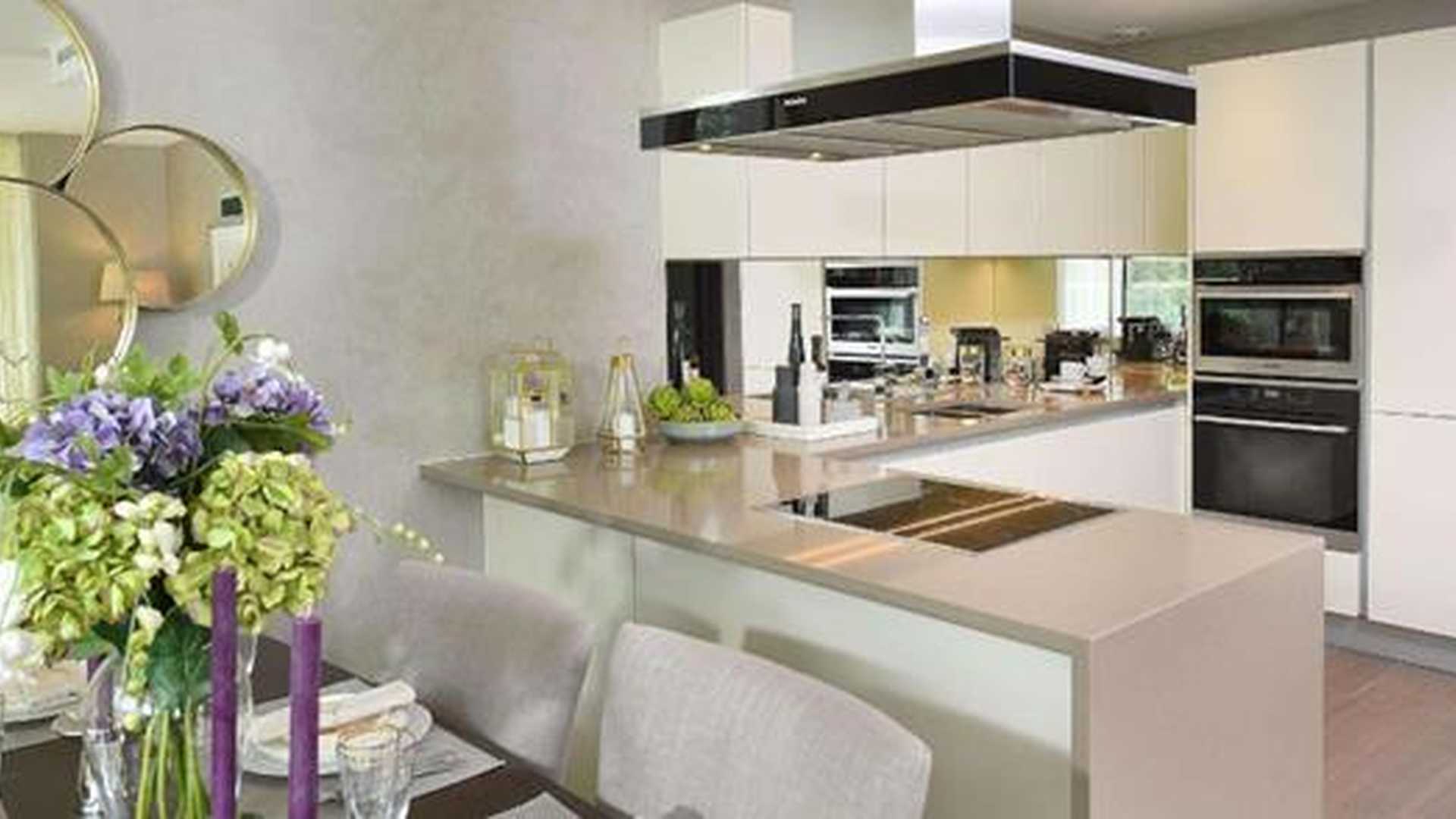 Elegant bedroom in two-bedroom apartment, Vista Chelsea Bridge, Battersea, London. Modern decor, natural light