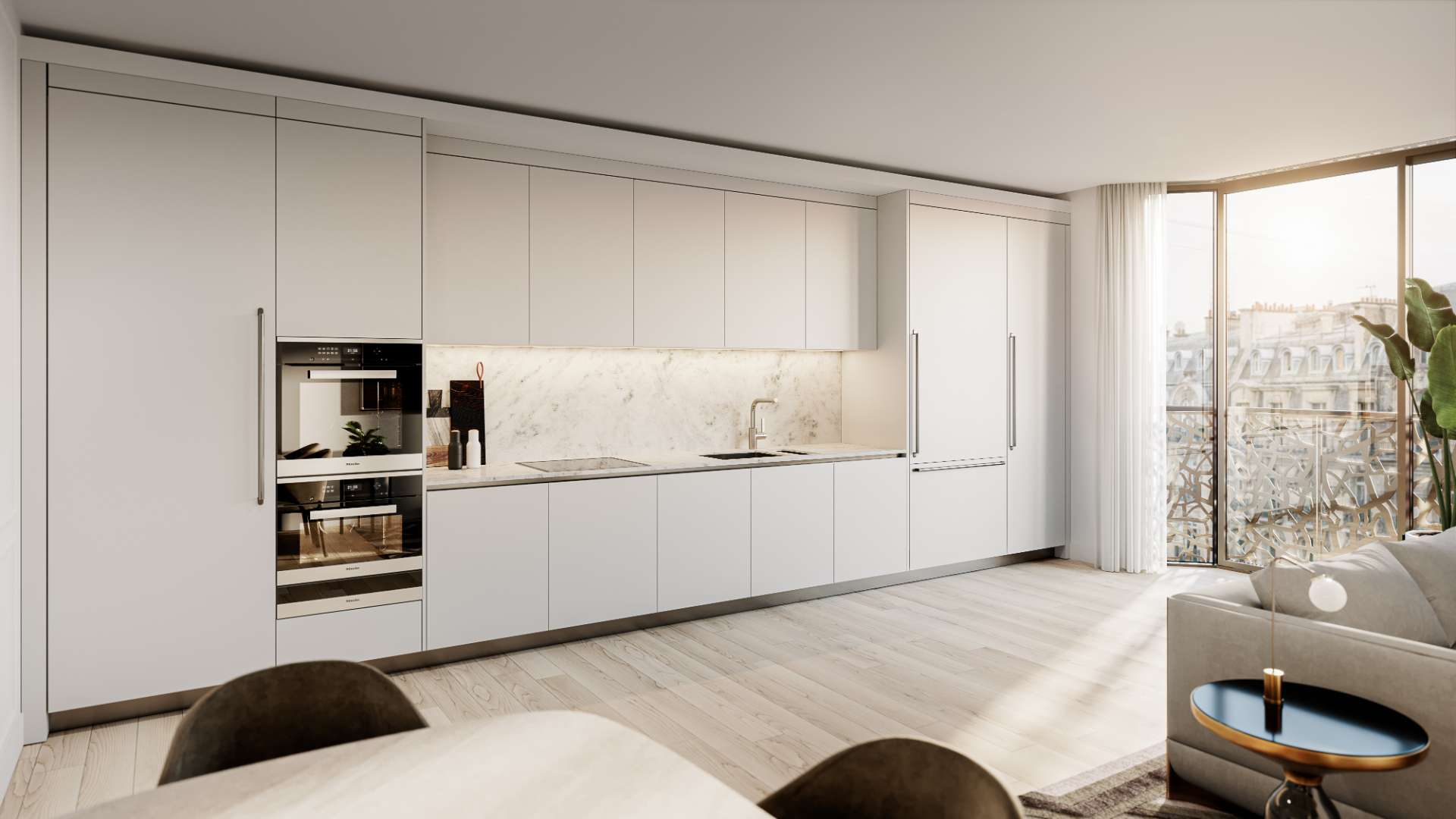 Modern living room in W1 Place London apartment, featuring elegant furniture and large windows