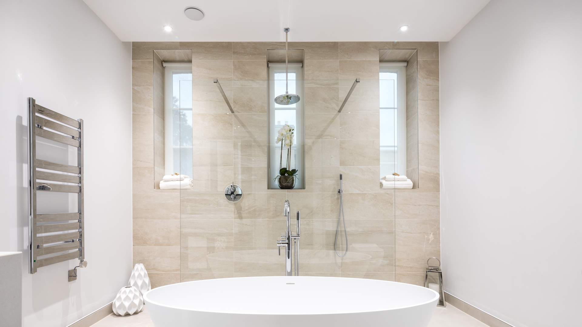 Luxurious bedroom with elegant decor in Wimbledon Hill Park duplex apartment, London