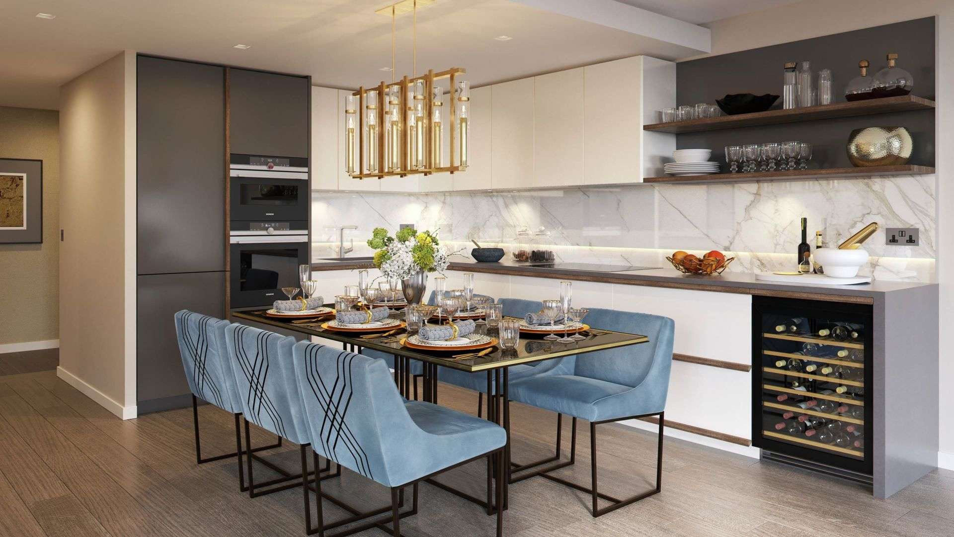 "Stylish living room with city views in West End Gate apartment, London.",Stylish dining area in Westmark Apartment, West End Gate, London, featuring modern decor