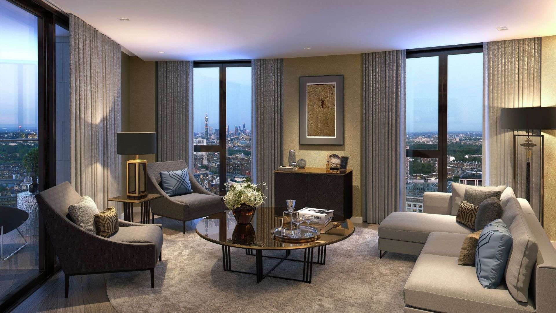 Beautifully decorated living and dining area in Westmark apartment, West End Gate, London