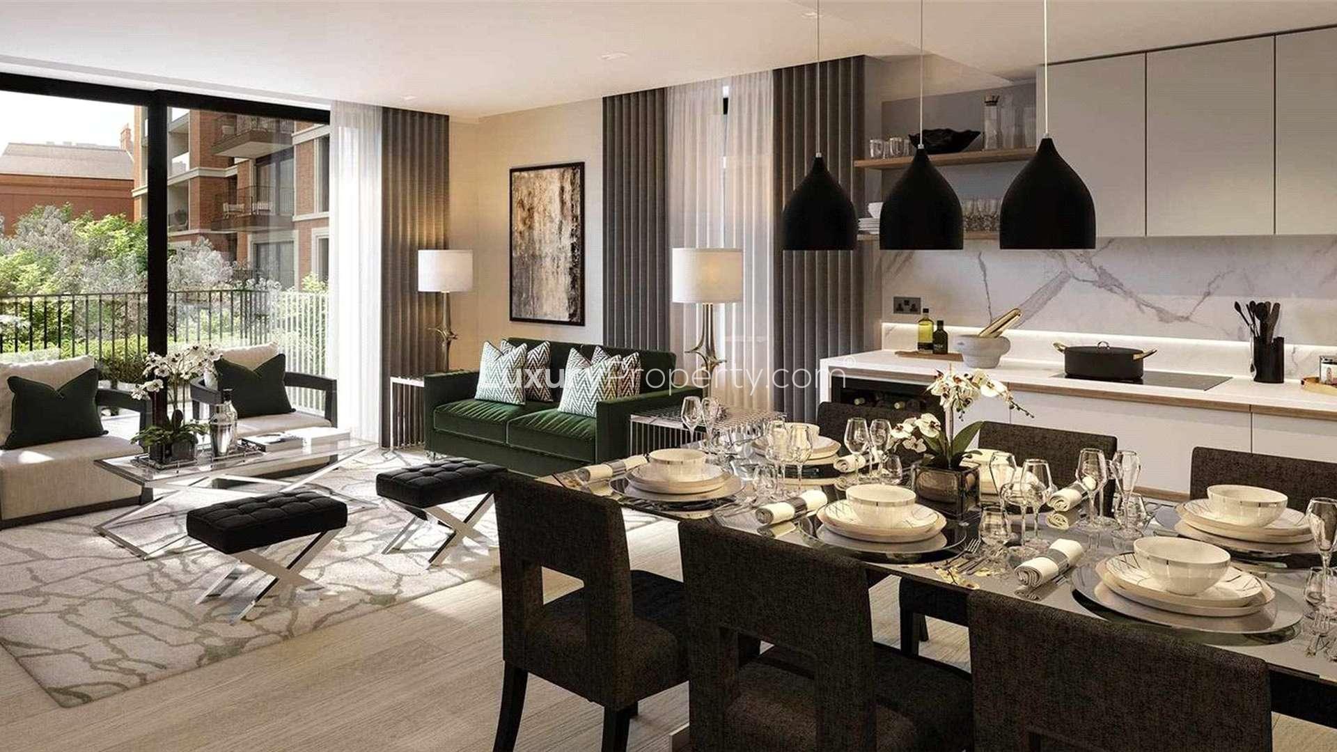Luxury living room in Garrett Mansion apartment, West End Gate, London with modern decor