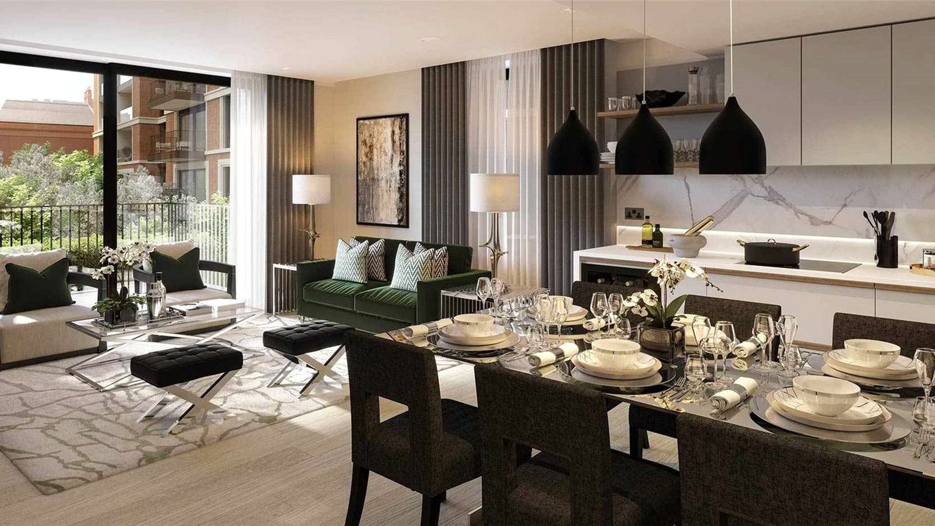 Luxury living room in Garrett Mansion apartment, West End Gate, London with modern decor