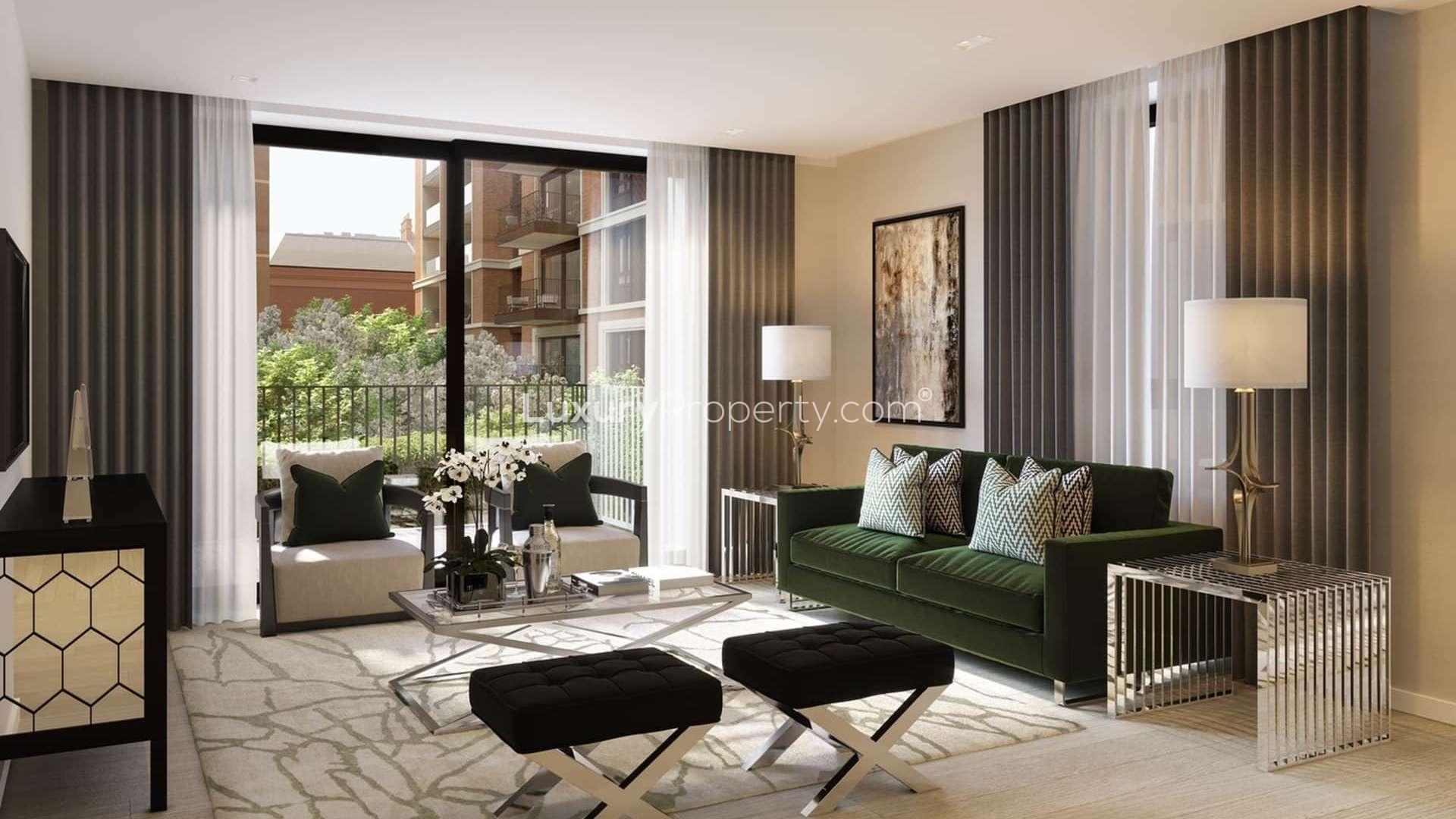 Luxurious living room in Garrett Mansion apartment, West End Gate, London. Modern interior design