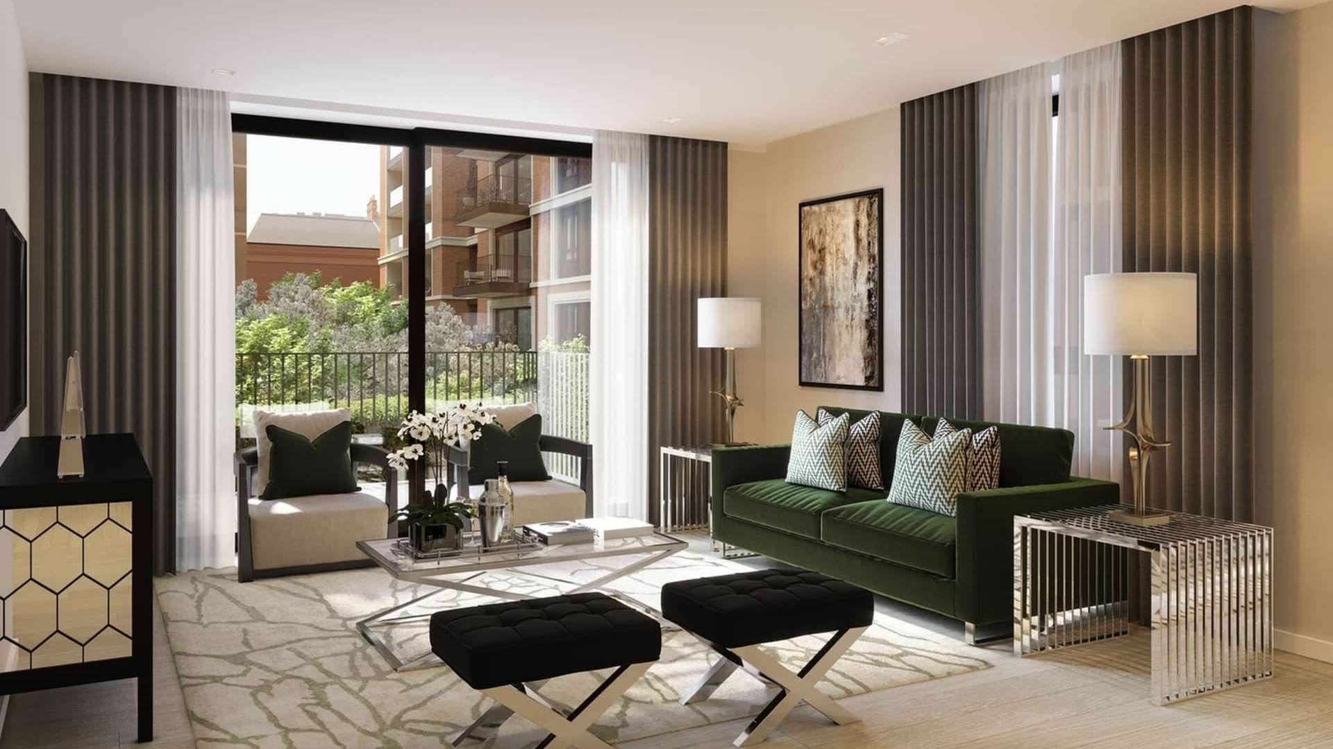 Luxurious living room in Garrett Mansion apartment, West End Gate, London. Modern interior design