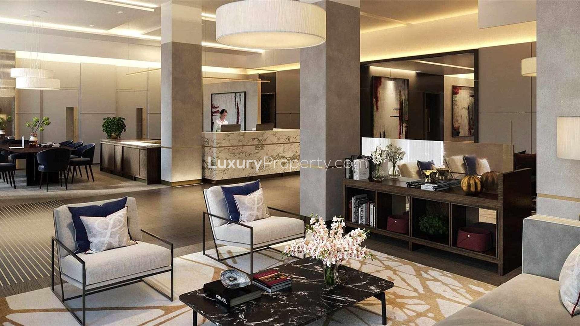 Modern luxury apartment building at Garrett Mansion, West End Gate, London skyline view