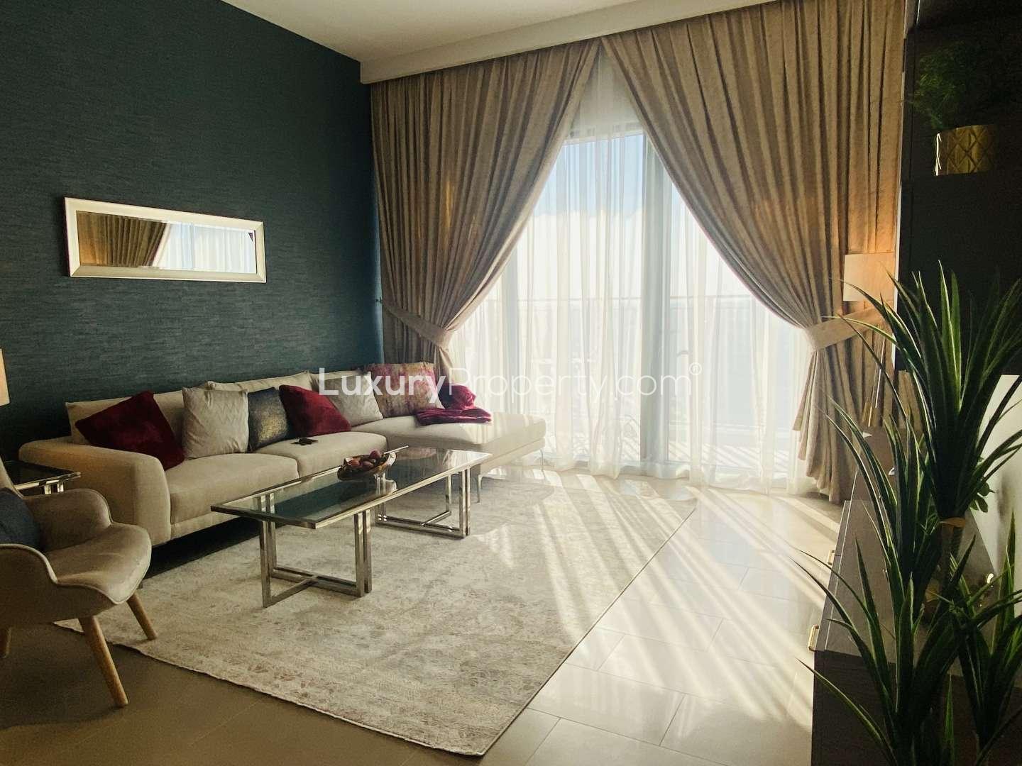 Furnished bedroom in Dubai Hills 2-bedroom apartment, Park Heights, natural light, floral bedding