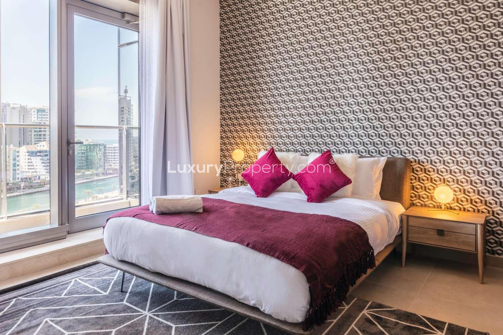 Cozy bedroom with stylish decor in 2-bedroom apartment, Sparkle Towers, Dubai Marina