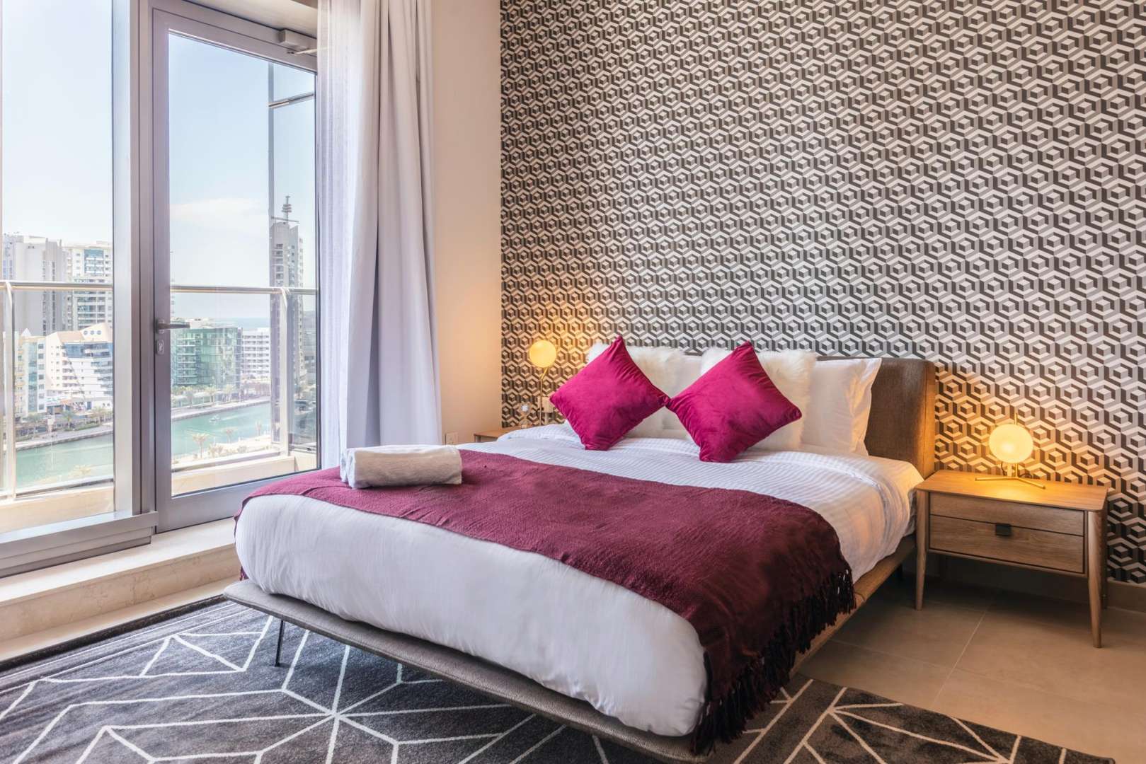Cozy bedroom with stylish decor in 2-bedroom apartment, Sparkle Towers, Dubai Marina