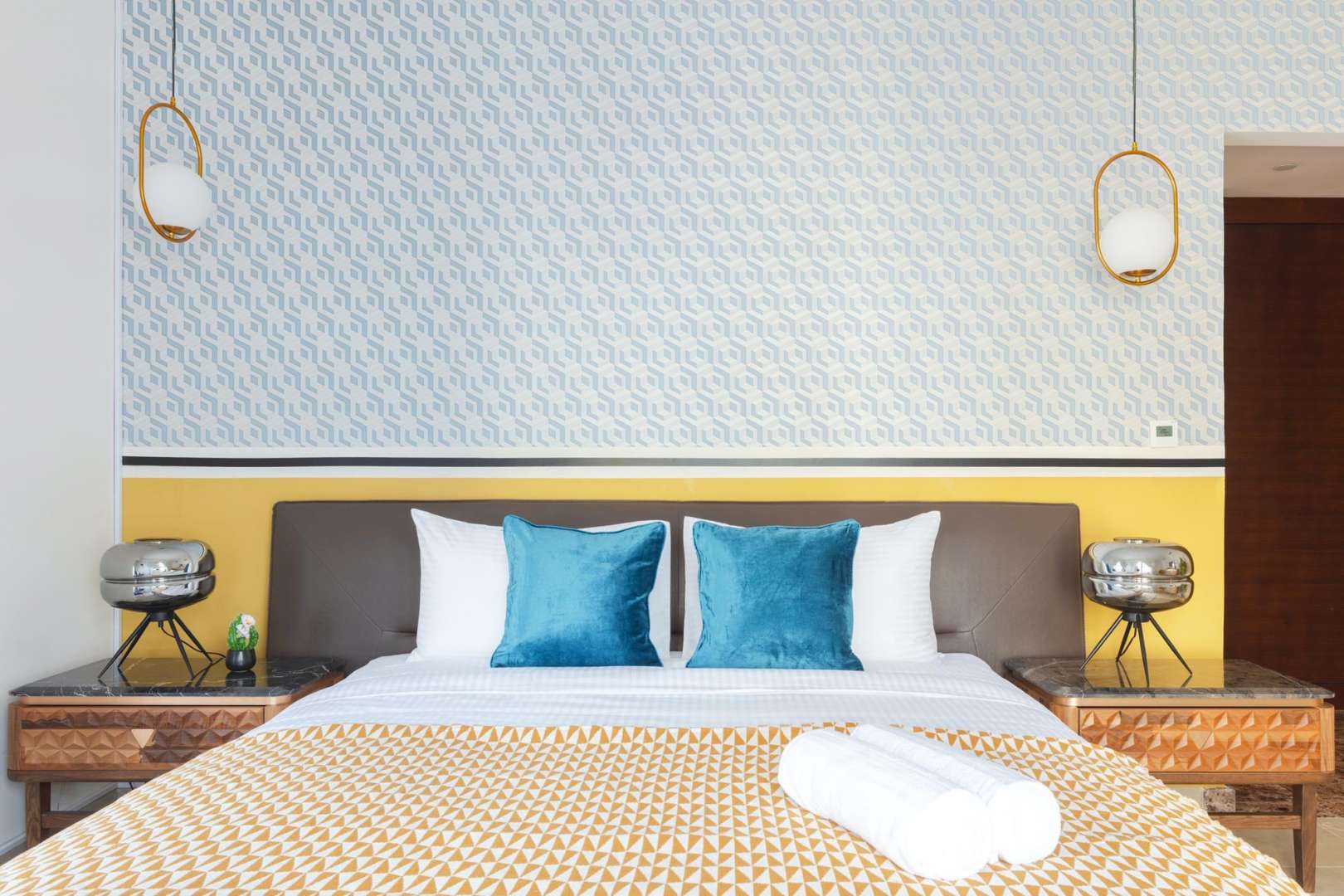 Luxurious bedroom in 2-bedroom apartment at Sparkle Towers, Dubai Marina with stylish decor