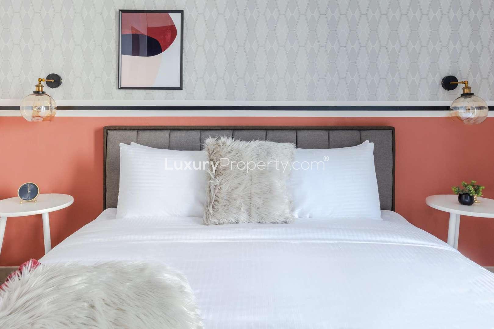 Bright living room in 2-bedroom apartment, Sparkle Towers, Dubai Marina, modern decor, natural light