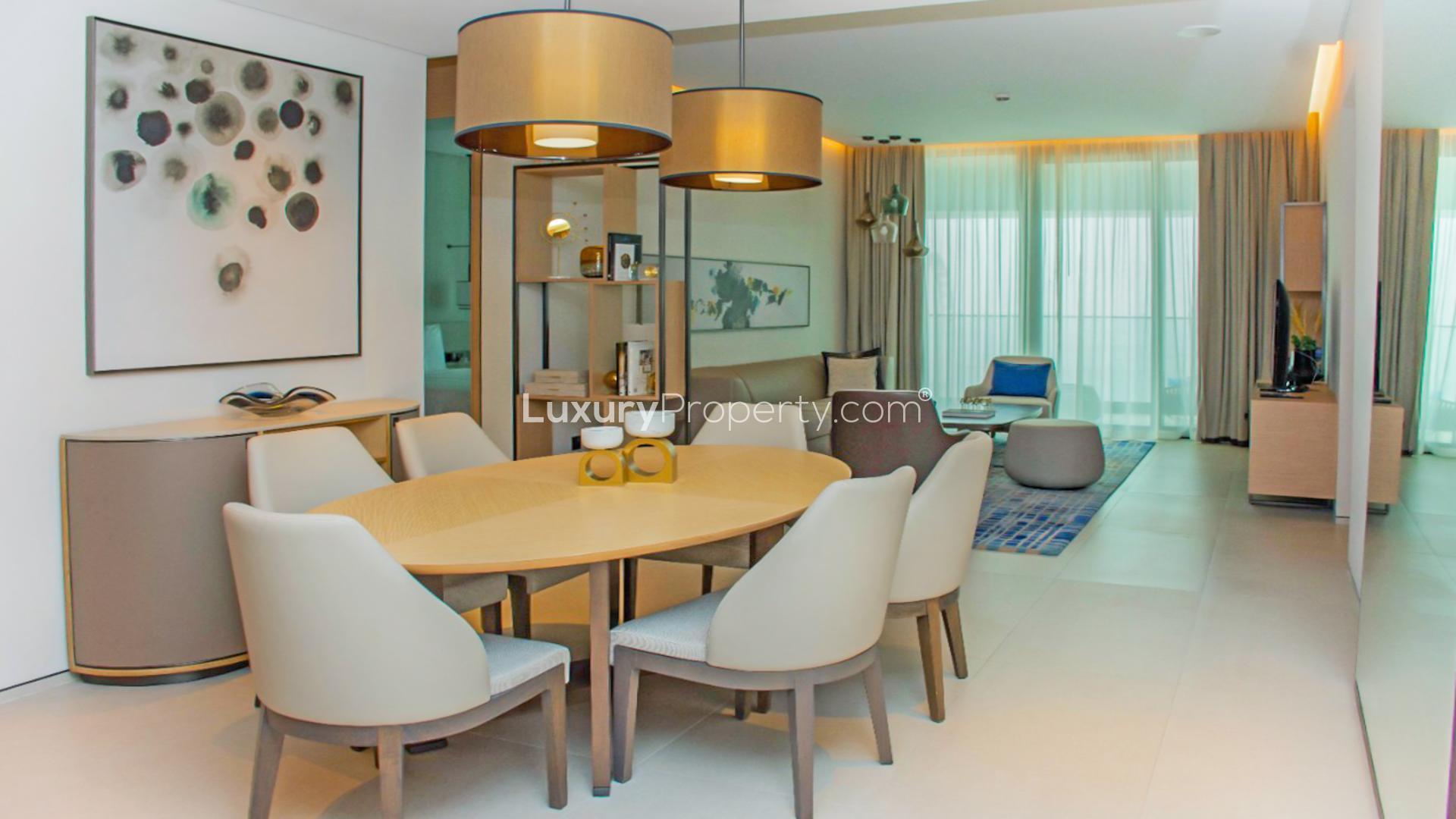 Furnished living room in Jumeirah Beach Residence apartment, modern decor, open layout