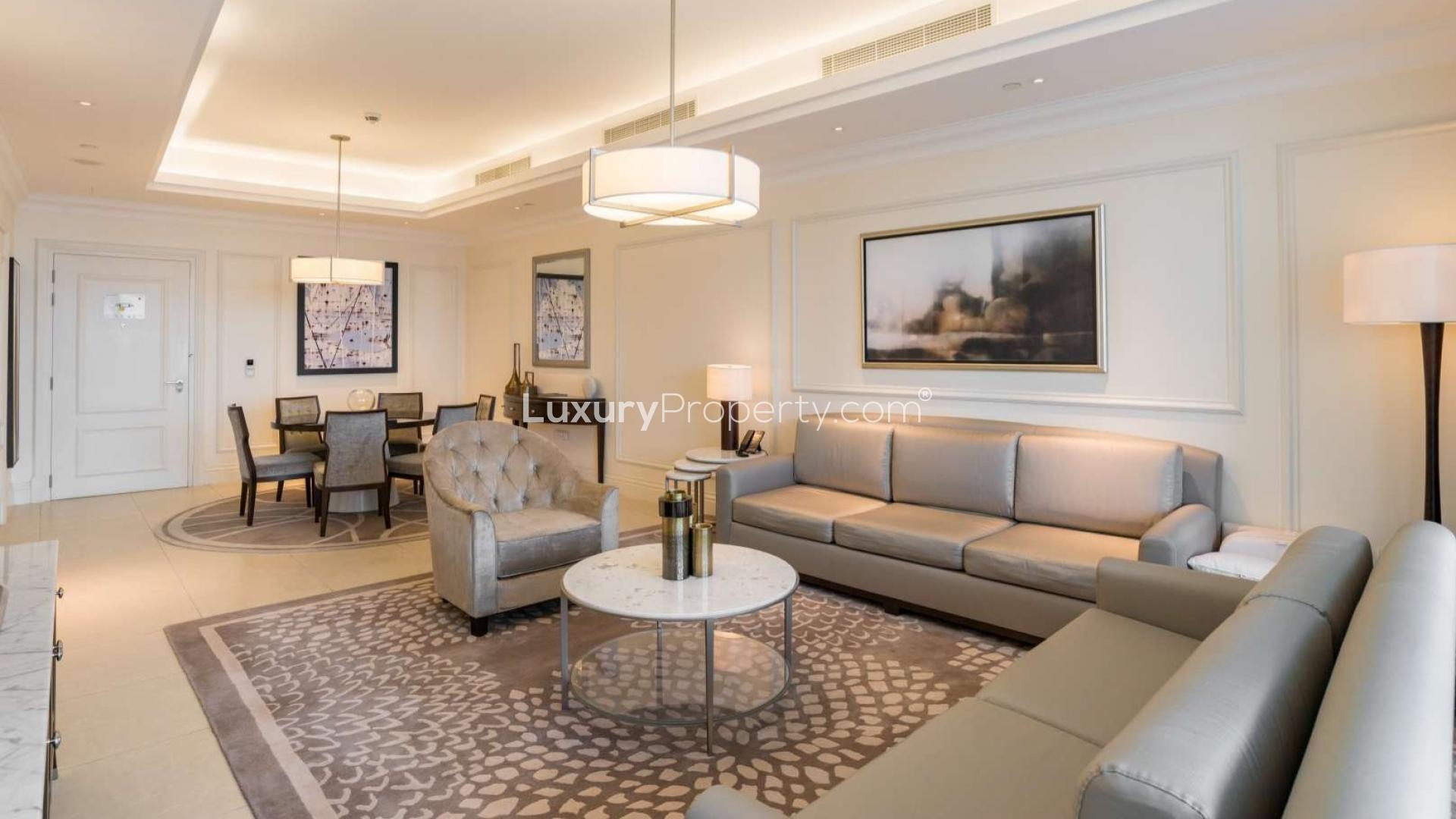 Luxurious living room in two-bedroom apartment, The Address BLVD, Downtown Dubai, for rent