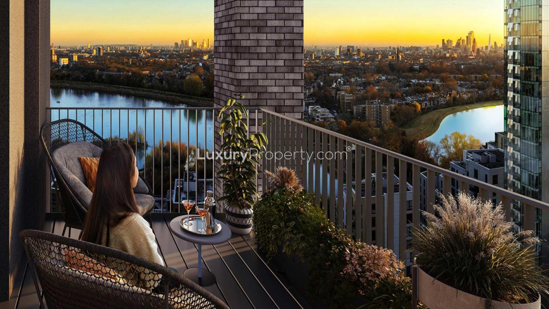 Modern living room in two-bedroom penthouse, Woodberry Down, London, with stylish decor and views