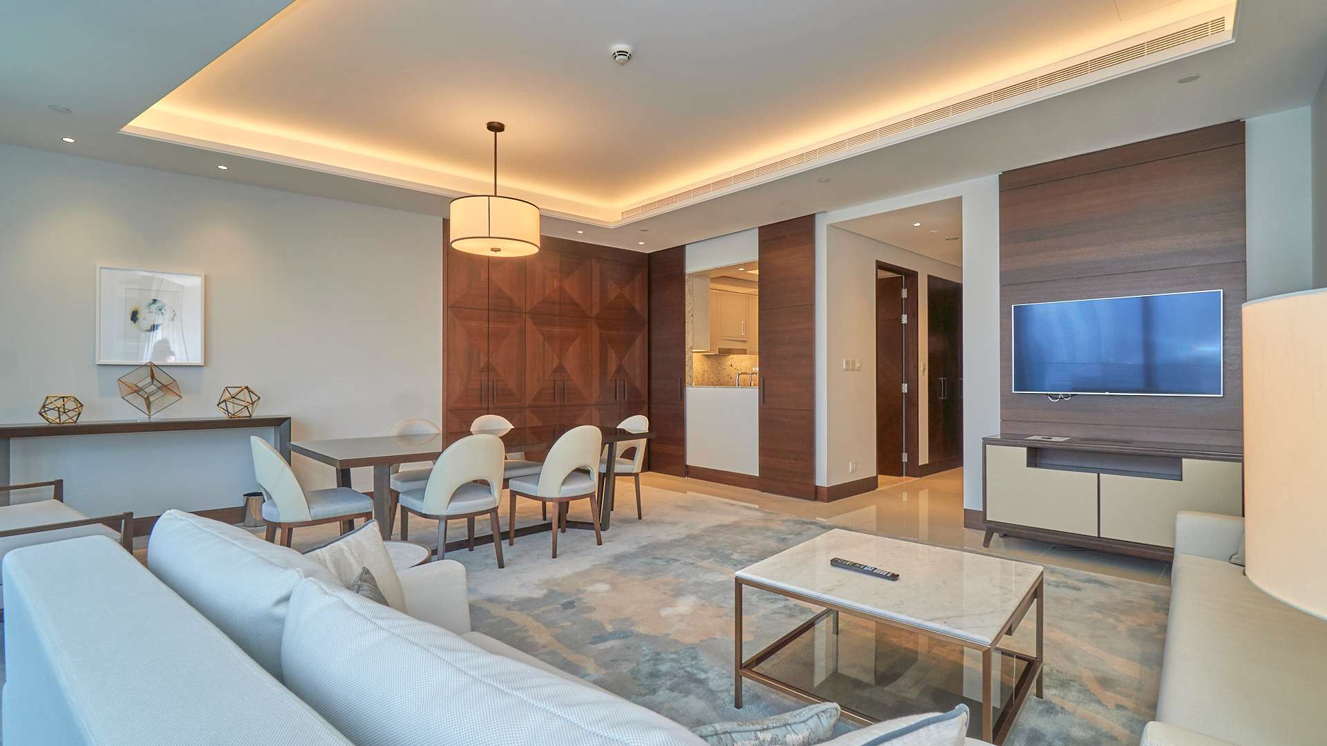 Modern living room in serviced two-bed apartment, The Address Sky View, Downtown Dubai