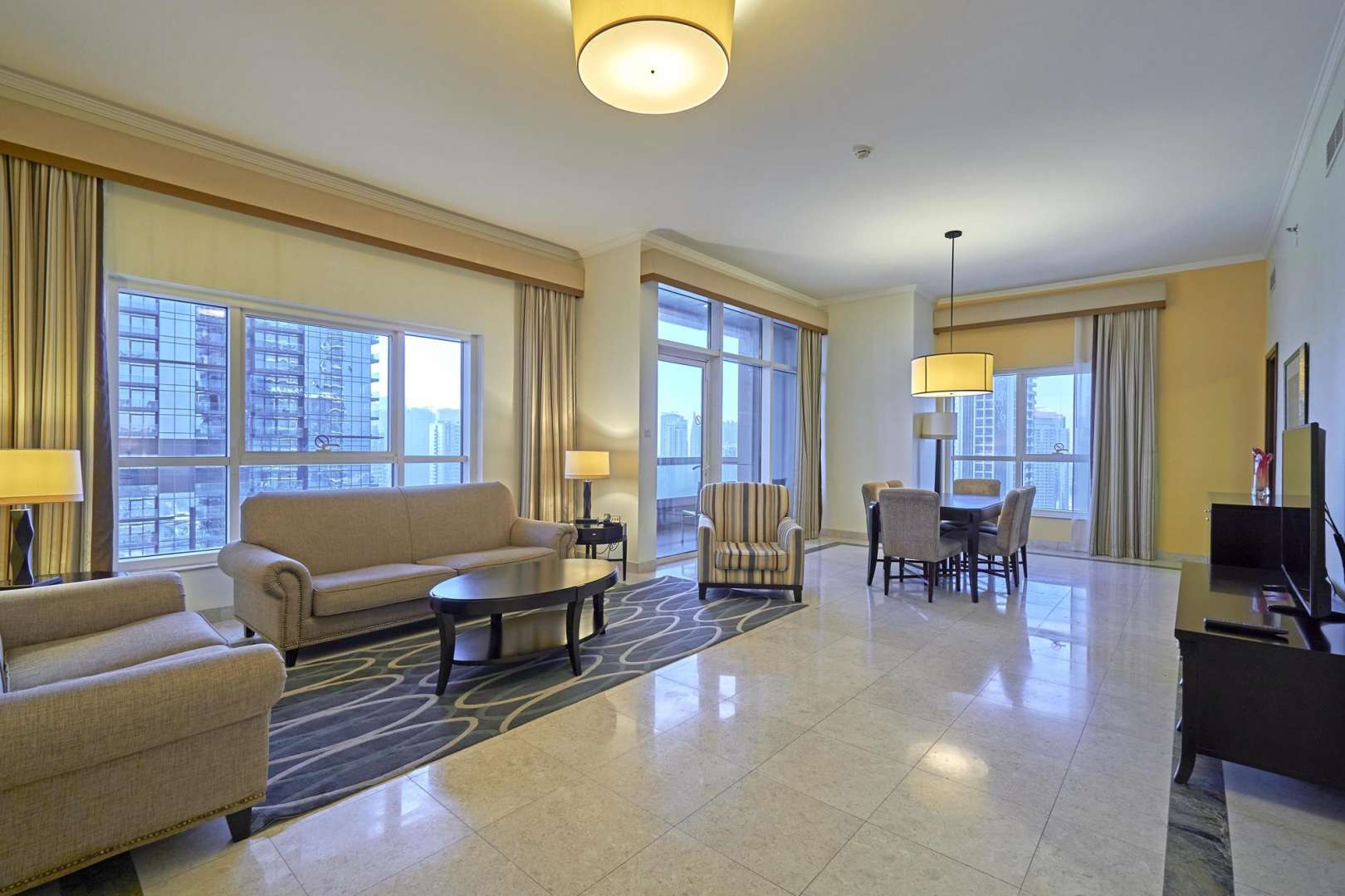 Luxury two-bedroom serviced apartment interior at Marriott Dubai Harbor Hotel, Dubai Marina