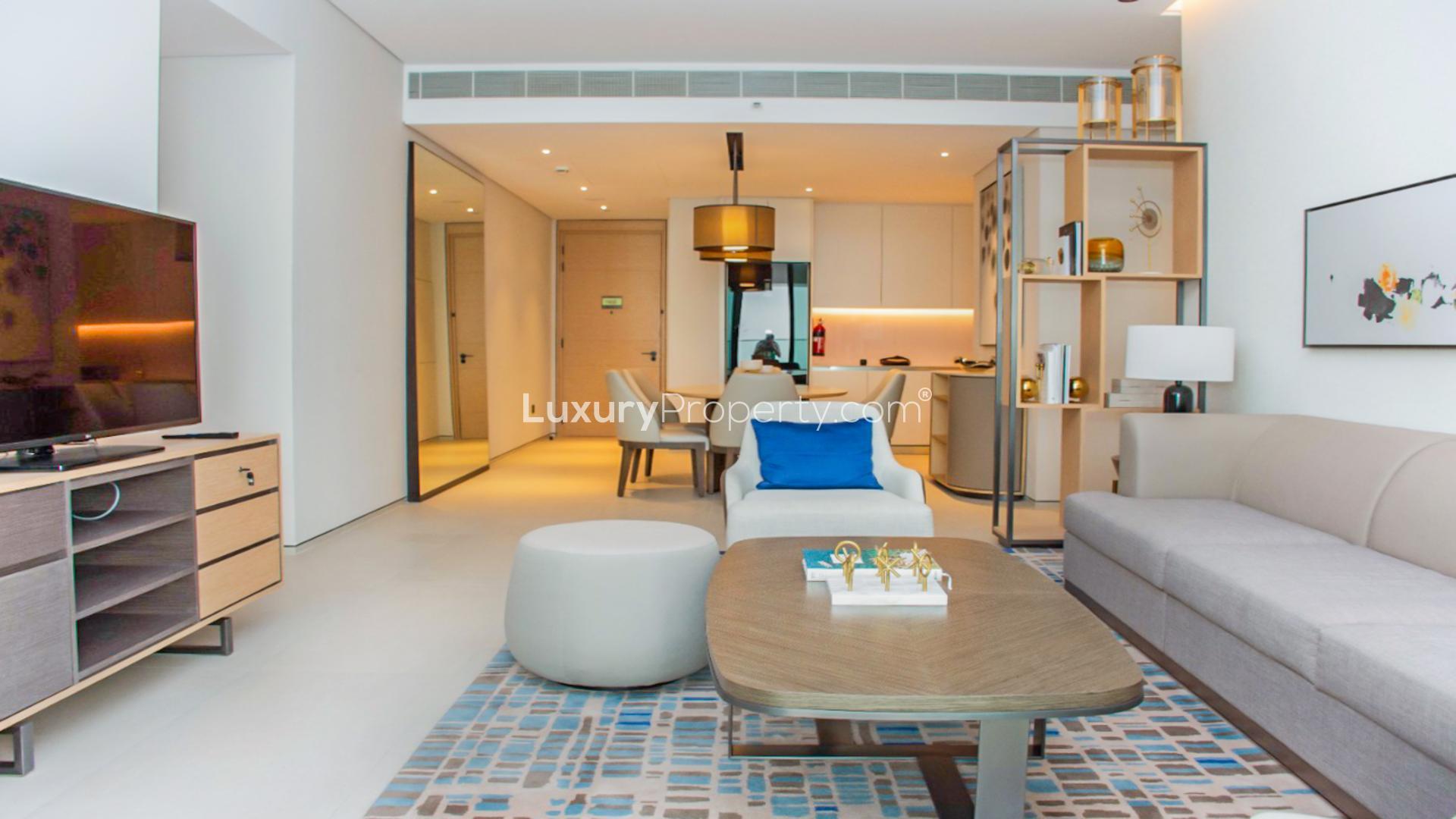 Modern living room in luxury 2-bedroom apartment, Address Jumeirah Resort, JBR for rent